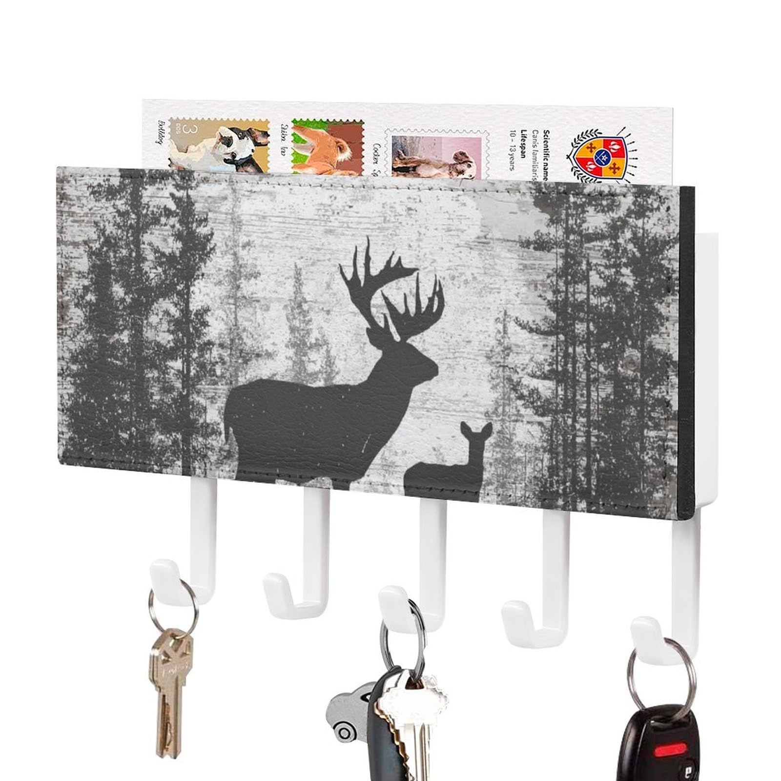 Jubonexis Deer and Pines in The Woods Wall Mount with 5 Hooks Acrylic Key Rack for Home Office Entryway