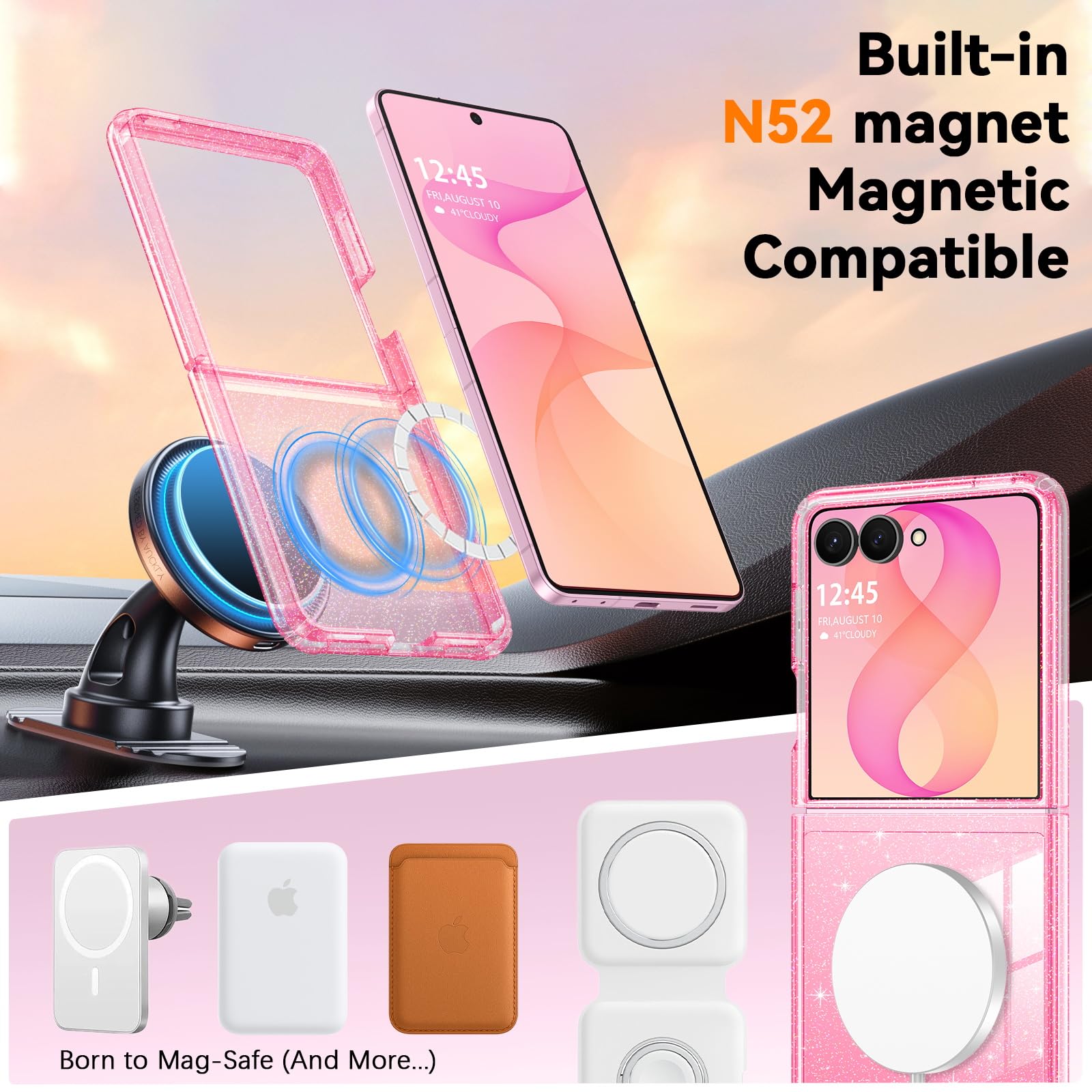 BENTOBEN Custodia magnetica per Samsung Galaxy Z Flip 8, custodia per telefono Flip8 [compatibile con MagSafe], antiurto, scintillante, per donne e ragazze, cover per Z Flip 8 da 6,9 pollici, rosa