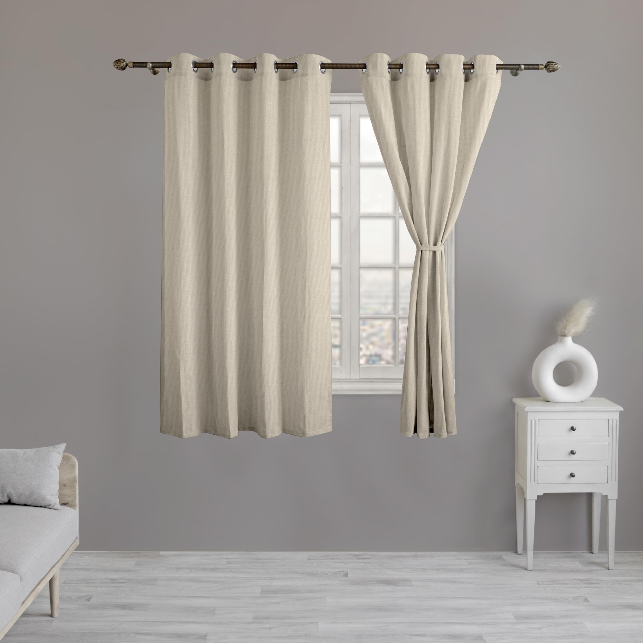 LINENWALAS Natural Cotton Linen Semi Sheer Curtains for Bedroom, Living Room, 5 Feet Window Curtain, Pack of 2 Pcs Boho Curtain with Eyelet Rings, Light Filtering (Pack of 2 Pcs, Natural)