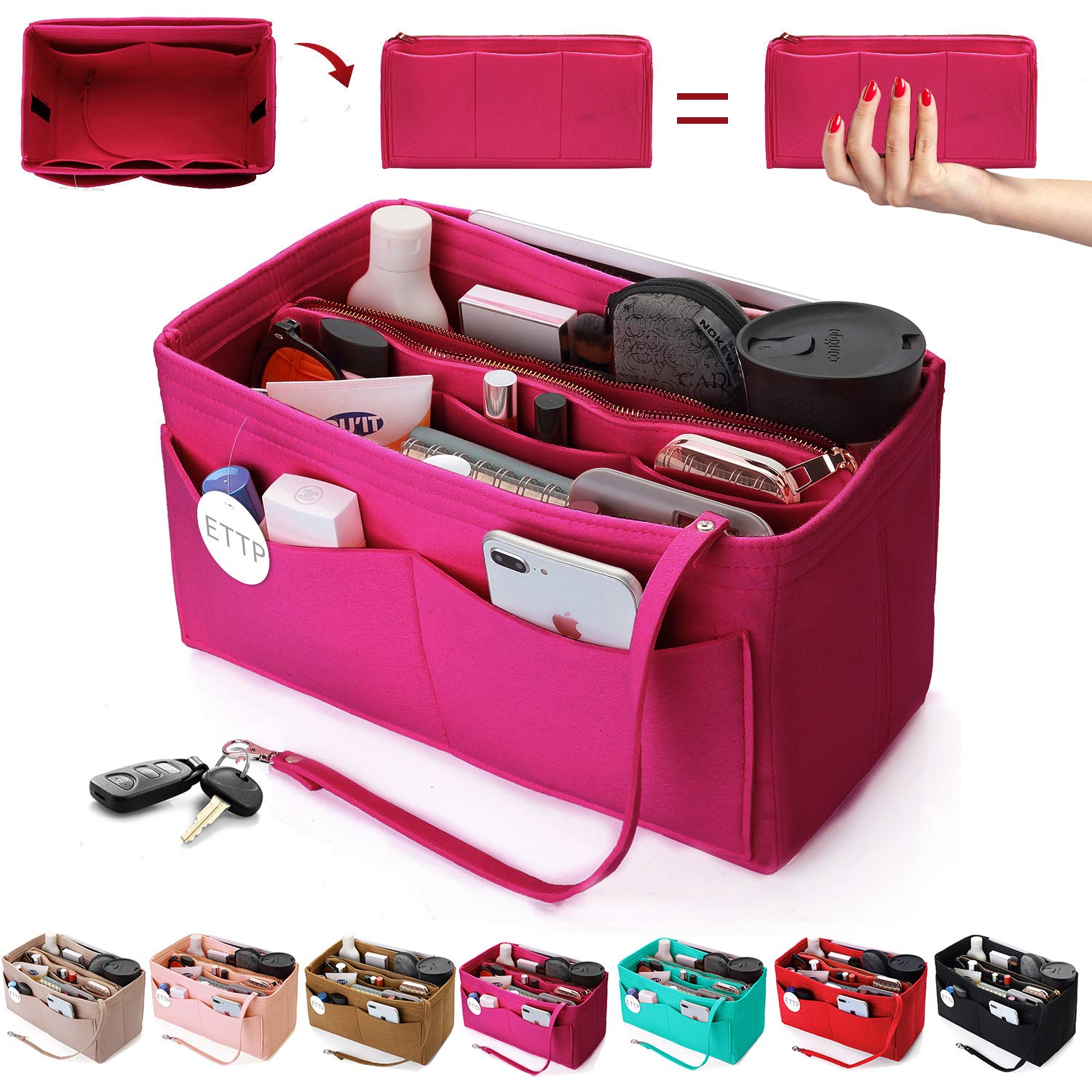 ETTPETTP Purse Organizer Insert, Felt Tote Organizer Insert With Metal Zipper, Handbag Organizer For Speedy, Neverfull, Tote, 7 Colors 5 Sizes (Large, Rosy), Rosy, Large