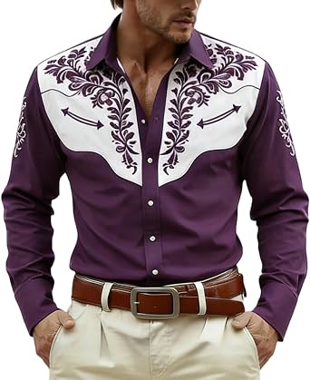 Mens Western Shirt Embroidered Cowboy Shirts Spring Summer Long Sleeve Casual Vintage Button Down Work Shirt