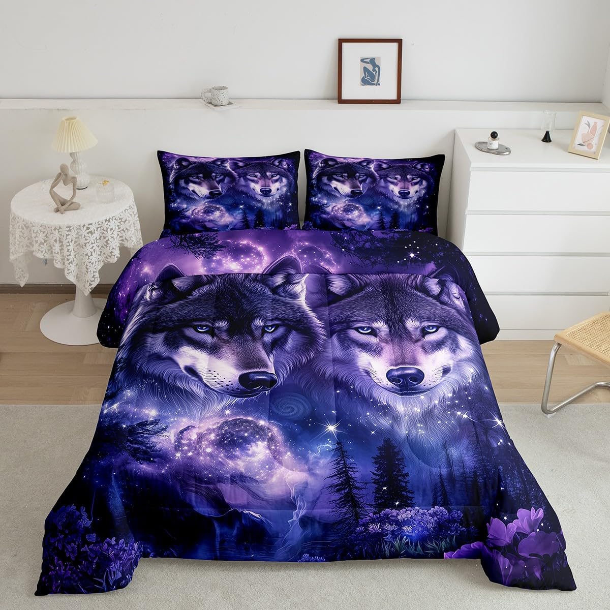 jejeloiu Wolf Comforter Set, Woodland Tree Flowers Bedding Set Full Size,Kids Boys Girls Outer Space Galaxy Bedroom Home Decor,Safari Animal Pattern All Season