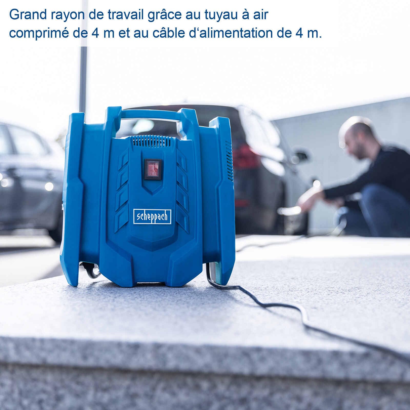 Scheppach Airforce 7 Compresseur d'air mobile | 230 V 1100 W | Pression 8 bar | 180 l/min | Sans huile et mobile | Rayon de travail de 8 m | Avec tuyau de 4 m, câble de 4 m, gonfleur de pneus