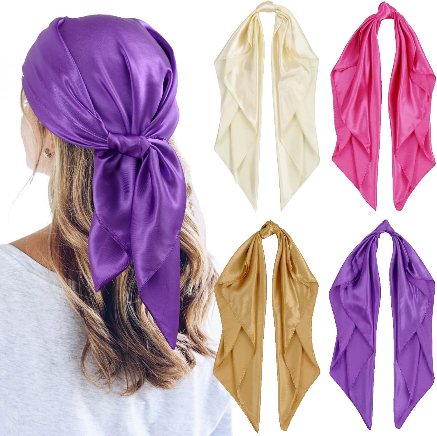 QBSM 4 Pcs 35'' Satin Head Scarf Silk Feeling Neck Scarves Hair Wrap for Sleeping Large Square Headscarf for Women