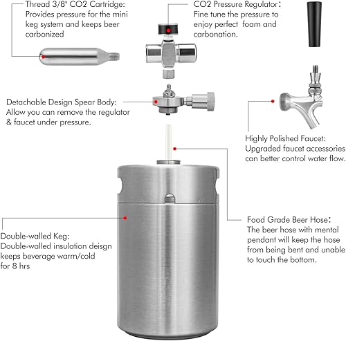 Miniatura 7 de TMCRAFT Mini Growler de barril de doble pared de 128 onzas, sistema dispensador de cerveza presurizado para el hogar con grifo desmontable y
