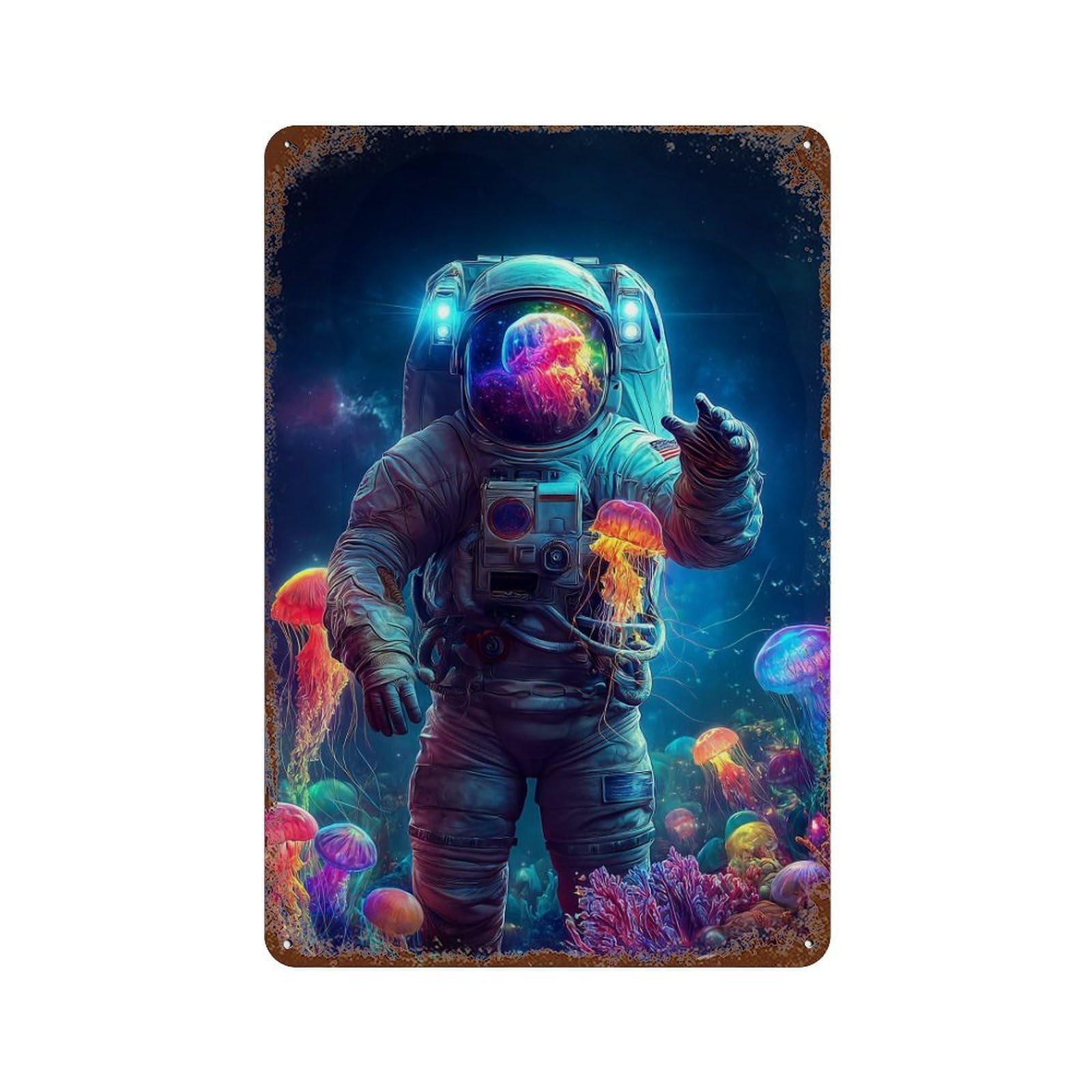 Rust Effect Astronaut in Jellyfish Ocean Decorative Tin Sign 11.8"x7.9", Classic Wall Plaque for Pub, Kitchen And Man Cave Decor