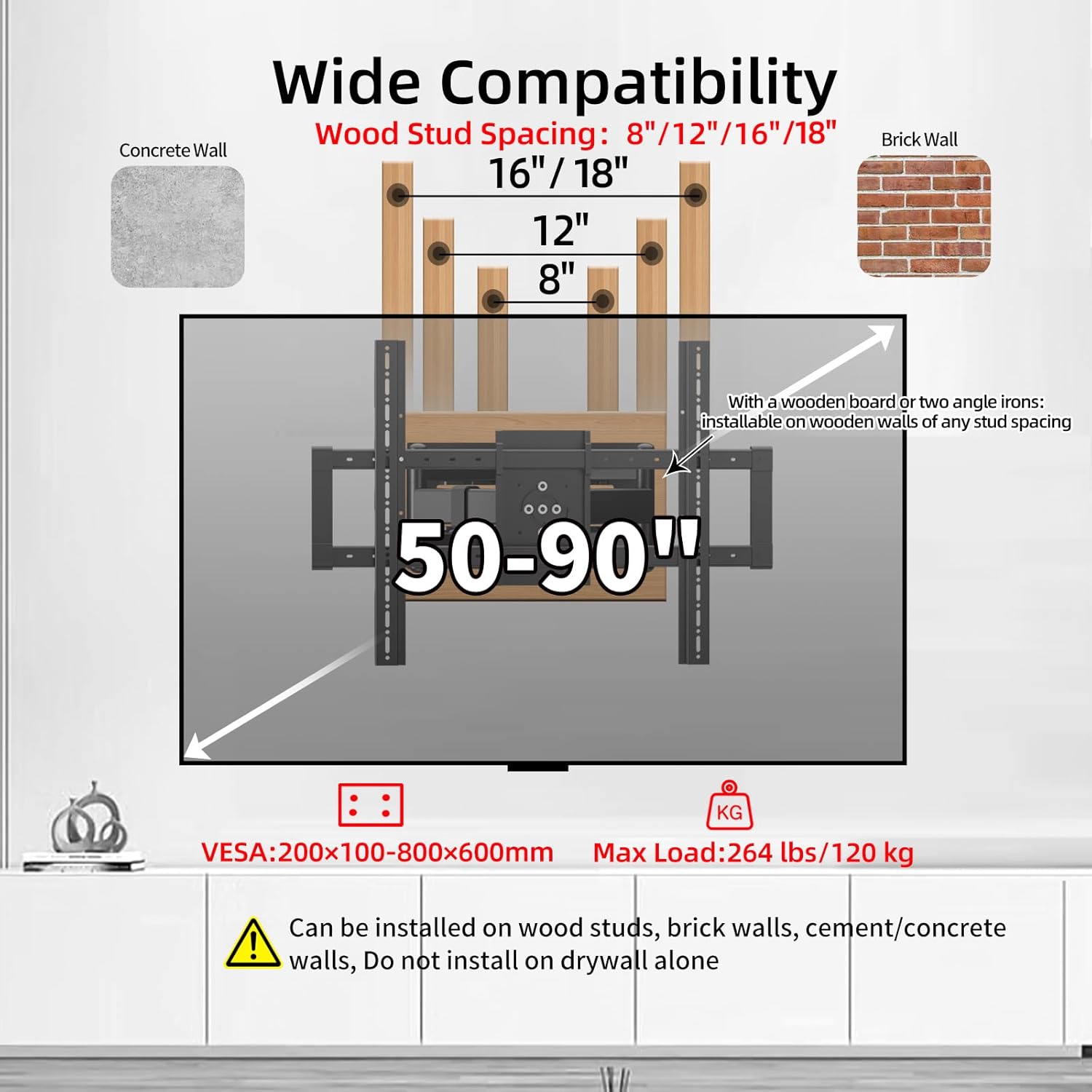 Landscape to Portrait Full Motion TV Wall Mount for 50-90 inch, Vertical and Horizontal TVs Bracket, ±90° Rotating TV Mount, Hold 264 lbs Swivel Tilt Long Extension Leveling, Max VESA 800x600