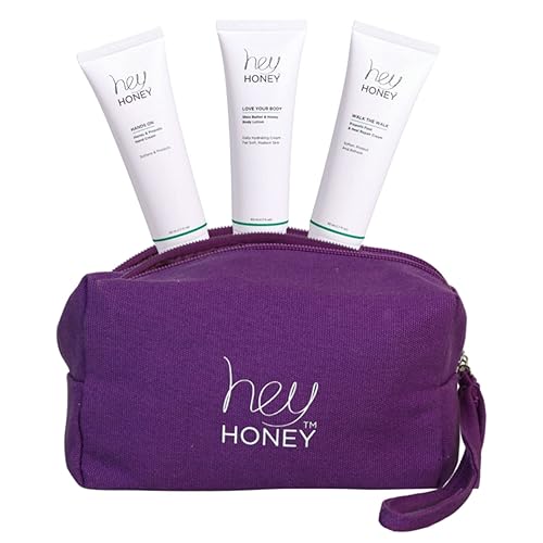Hey Honey Set de 4 piezas: Loción para el cuerpo, crema para pies Walk The Walk, crema de manos con miel, bolsa de maquillaje ecológica. Perfecto