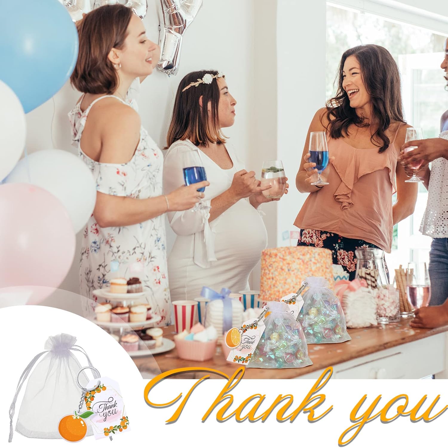 Little Cutie Baby Shower Party Favors Includes Orange Keychains White Organza Bags Thank You Tags Fruit Theme Party Favors School Rewards for Birthday Bridal Wedding Party Return Gifts (48 Sets)