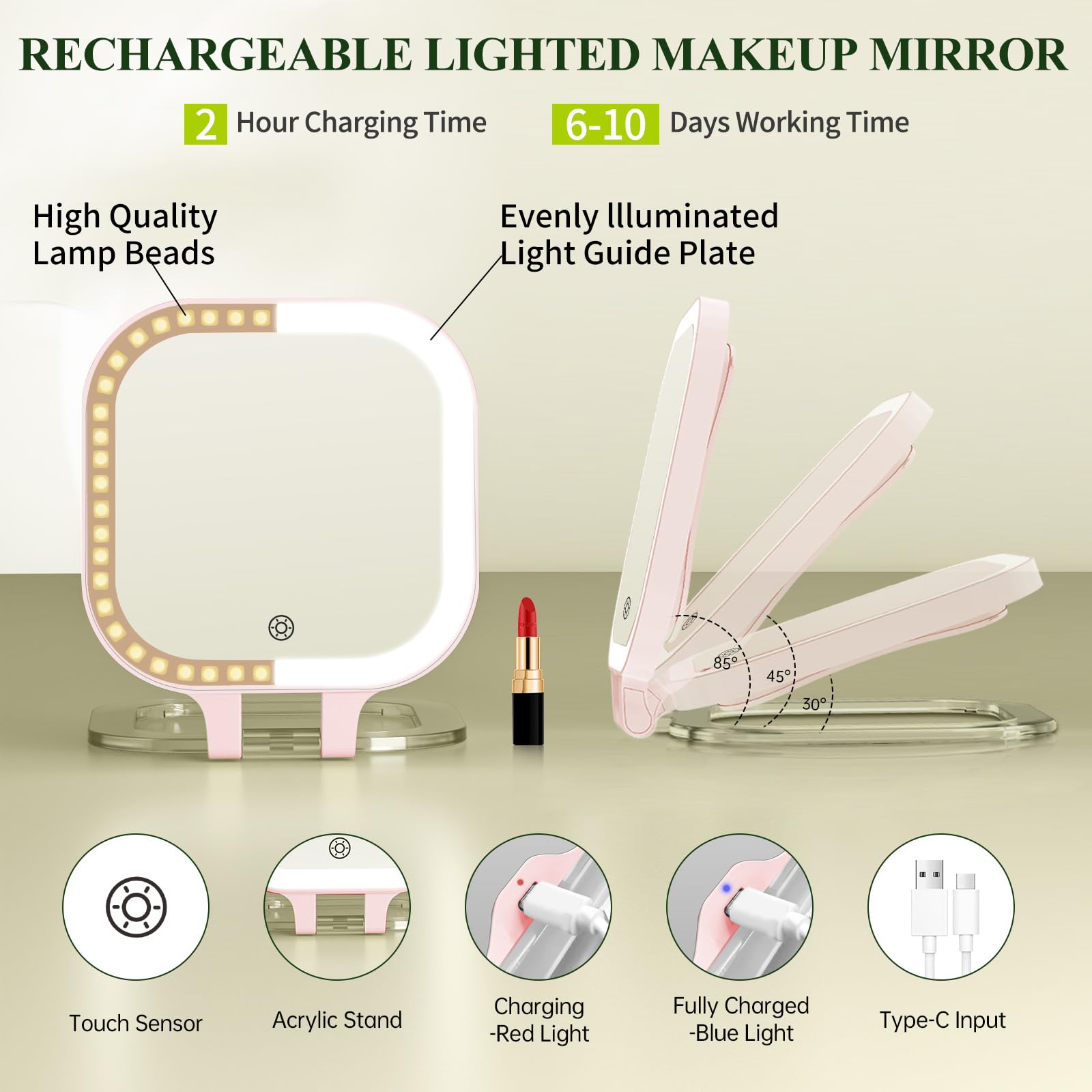 FUNTOUCH Miroir de maquillage éclairé avec grossissement x30, 17,8 cm, rechargeable double face, miroir de courtoisie de voyage avec lumières, 3 lumières de couleur et luminosité réglable, rotation à