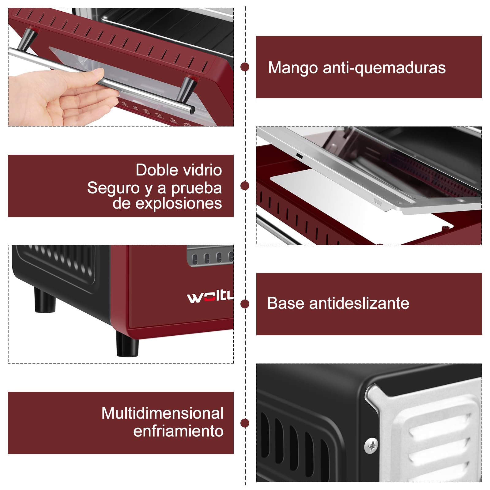 WOLTU Horno Electrico Pequeño10 L, 650 W, Control de Temperatura 100-230℃ y Temporizador 0-60 Minutos, con Bandeja y Rejilla, Rojo+Negro