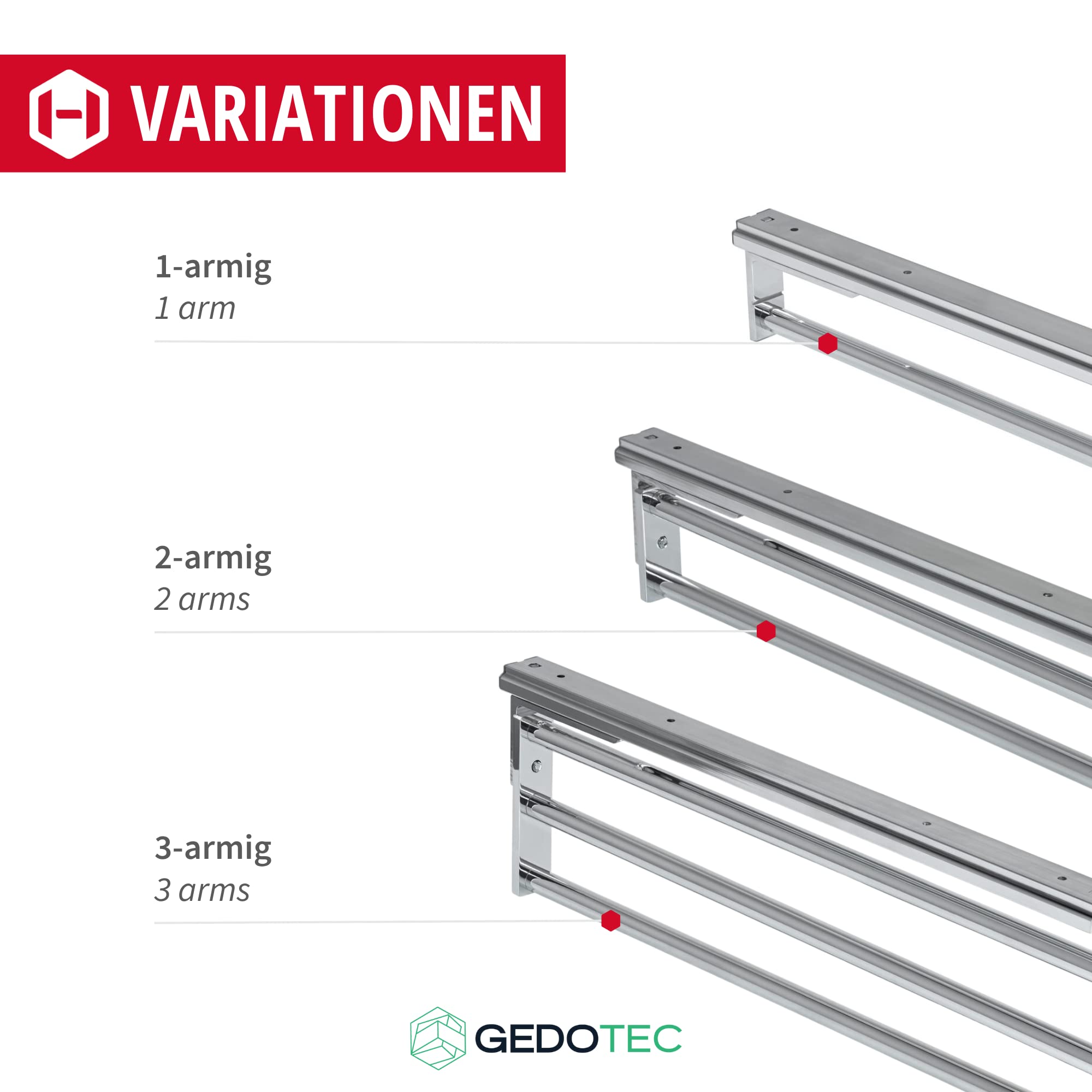Gedotec Handtuchhalter 3 Stangen | Handtuchstange 3-armig | HOSTEL | Geschirrtuchhalter Chrom poliert glänzend | Handtuchauszug aus Aluminium - Einbaulänge 443 mm | Handtuchreling dreiarmig ausziehbar