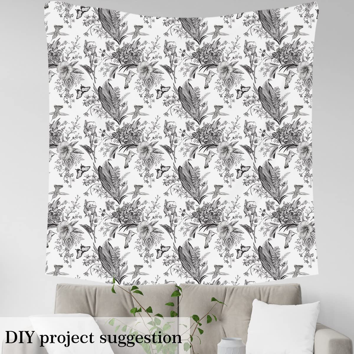 Tela de colibrí Kawaii para sillas, tela de flores florales para exteriores, tela de tinta natural para tapicería y proyectos de bricolaje en el hogar, 10 yardas, (largo 920 x ancho 150 cm), blanco y