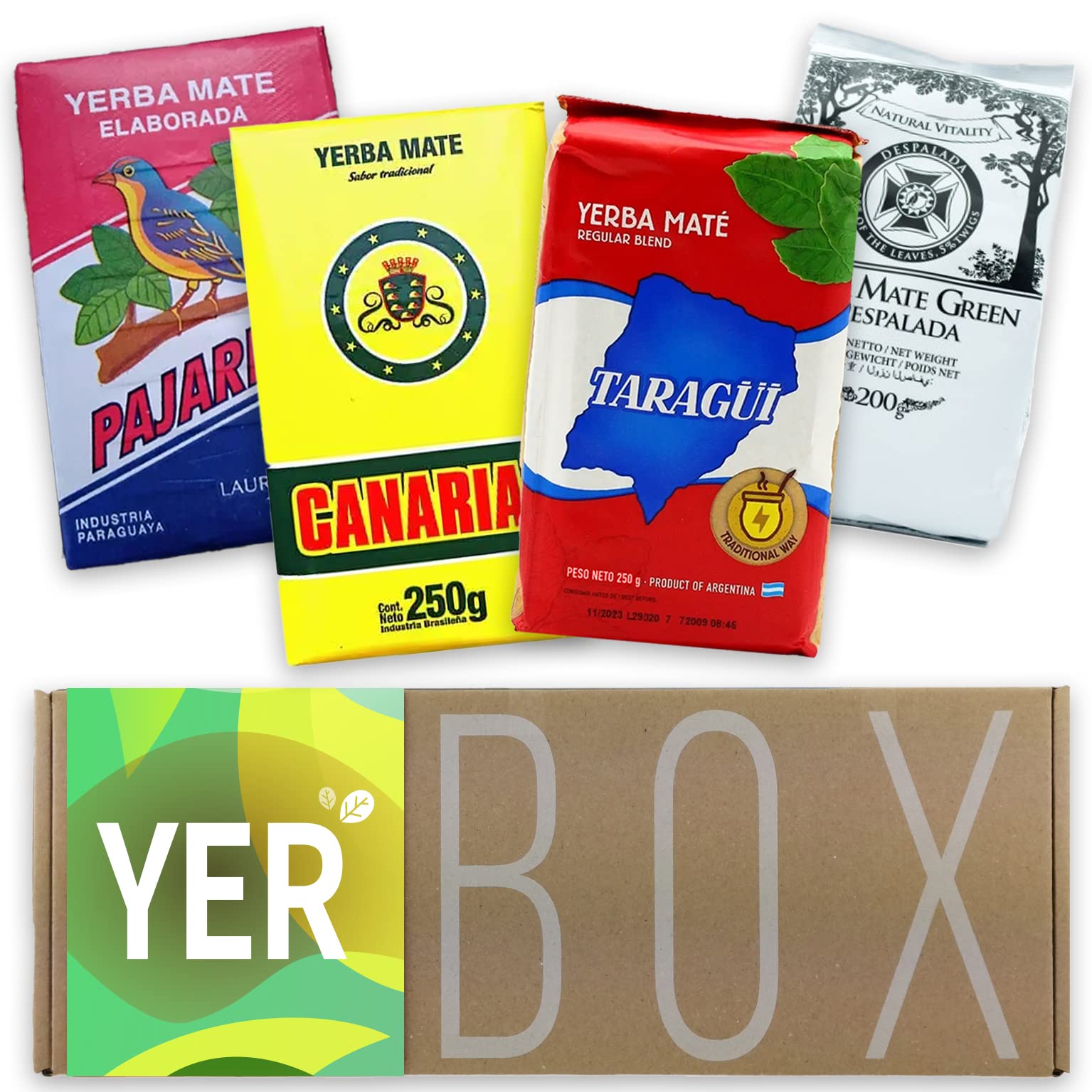 Yerba Mate Set Yerbox: Pajarito Tradycyjny 250g + Canarias Tradycyjny 250g + Taragui Tradycyjny 250g + Yerba Mate Green Despalada 200g | Bogaty w witaminy i przeciwutleniacze | Energetyzująca Herbata