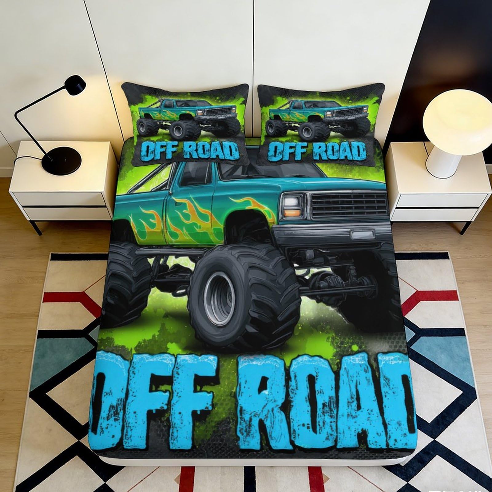 3D Printed Monster Truck Fitted Sheet Microfiber Soft Durable Off Road Bed Cover for Bedroom Dorm Youth Decor 90x200x25cm