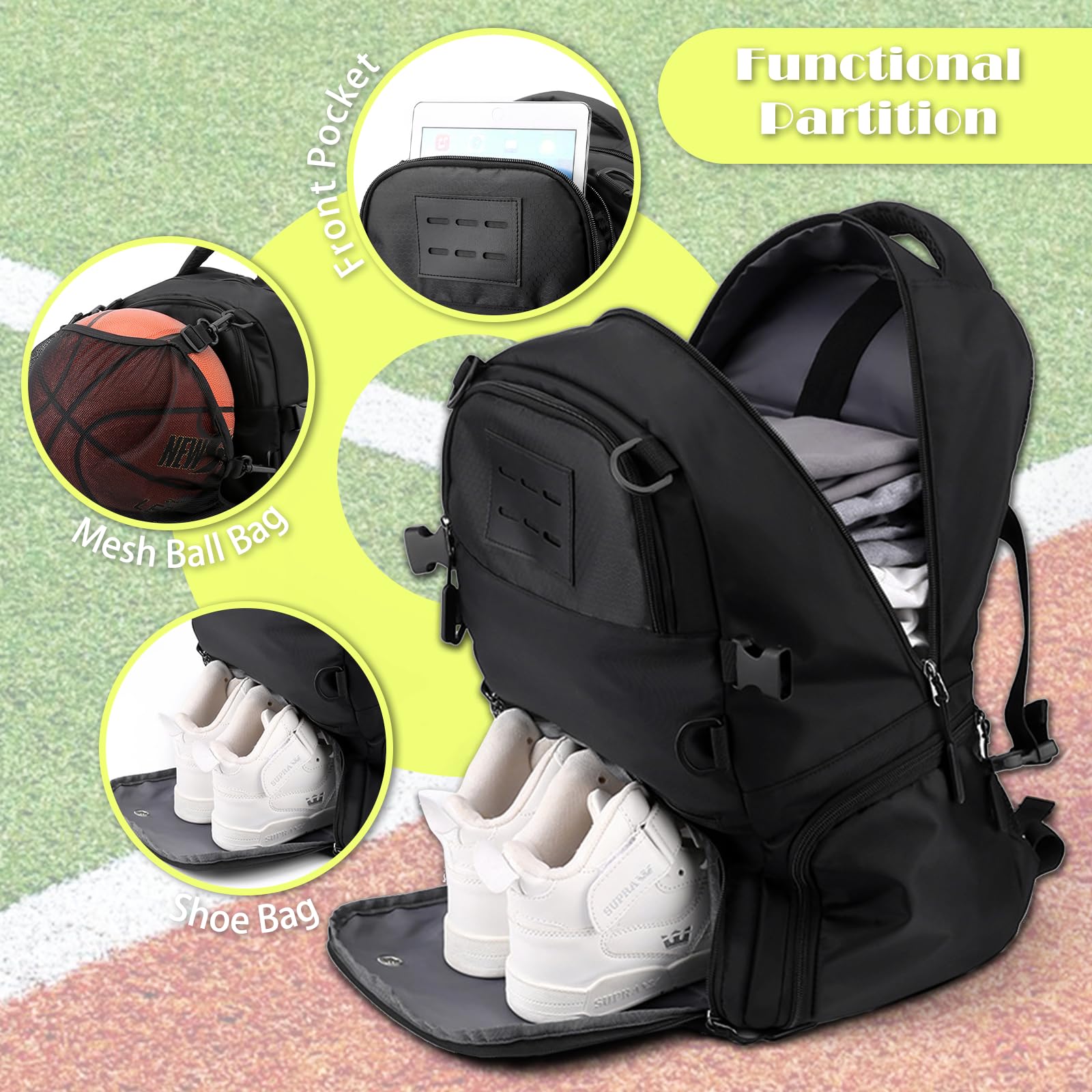 Sac à Dos de Basket-Ball, Sac à Dos avec Compartiment Ballon, Compartiment Chaussures, Capacité 30L, Léger et Respirant, pour Hommes et Femmes Adolescents, Basketball, Football, Noir