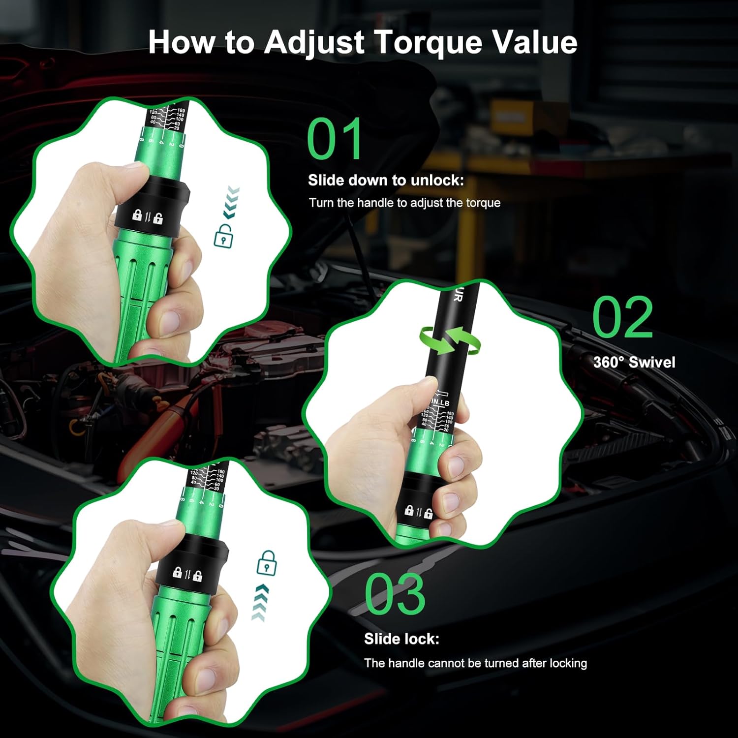 Three-step illustration of how to adjust torque value on the Uharbour wrench