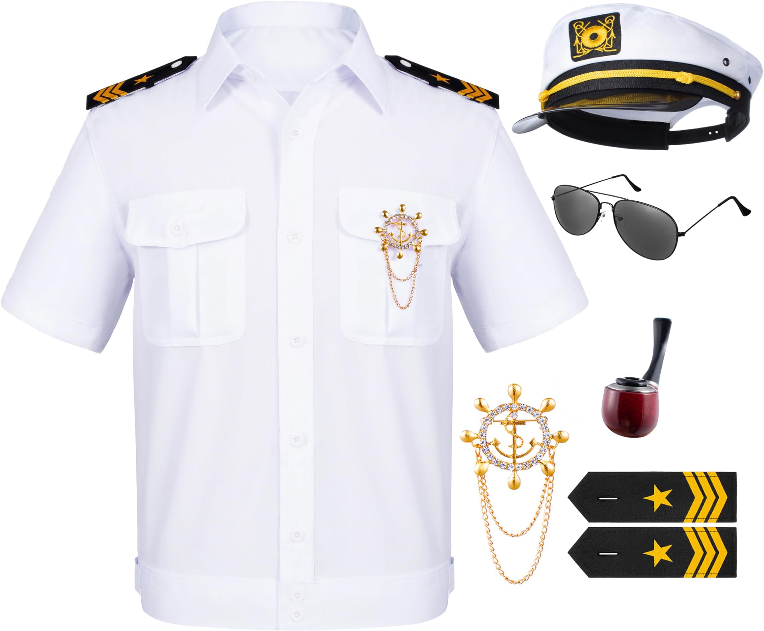 TOGROP 6PCS Men's Yacht Captain Sailor Costume Adult Jacket Hat Accessories Set Party Cosplay