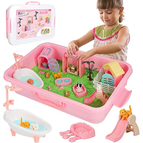 Vextronic Pet Sensory Bin for Toddlers, Dog & Cat Sandbox with Lid, Play Sand Kit with 2.2lbs Sensory Sand for Kids, Pet Sensory Box, Pretend Beach Toy Birthday Gift for Girls Boys 3 4 5 6 7 8
