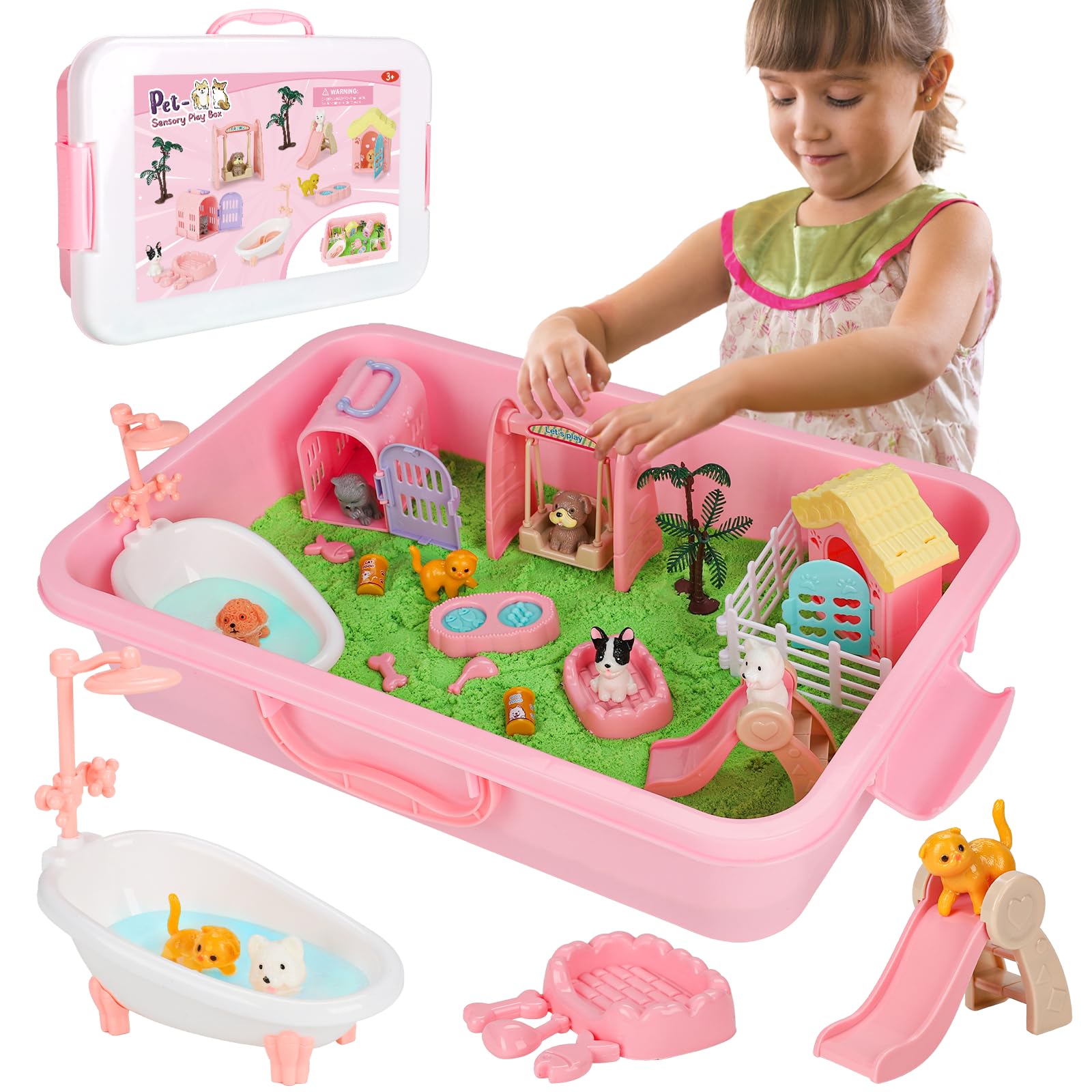 Vextronic Pet Sensory Bin for Toddlers 1-3, Dog & Cat Sandbox with Lid, Play Sand Kit with 2.2lbs Sensory Sand for Kids, Pet Sensory Box, Pretend Beach Toy Birthday Gift for Girls Boys 3 4 5 6 7 8