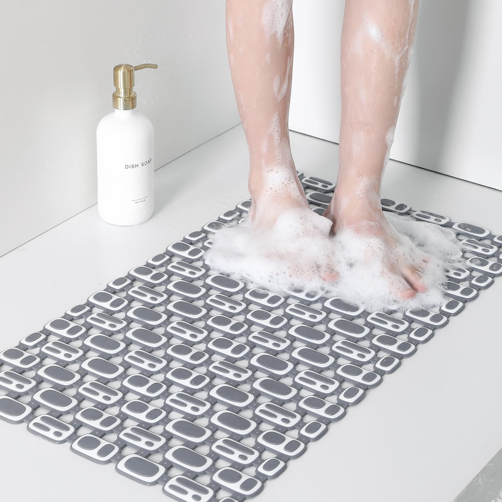 XIYUNTE Soft Shower Mat Non Slip Anti Mould for Elderly - 70x40cm Cut-to-Fit Non Slip Shower Mats for Inside Shower, Quick Drying Anti Slip Bath Mat with Suction Cups, Machine Washable, Grey