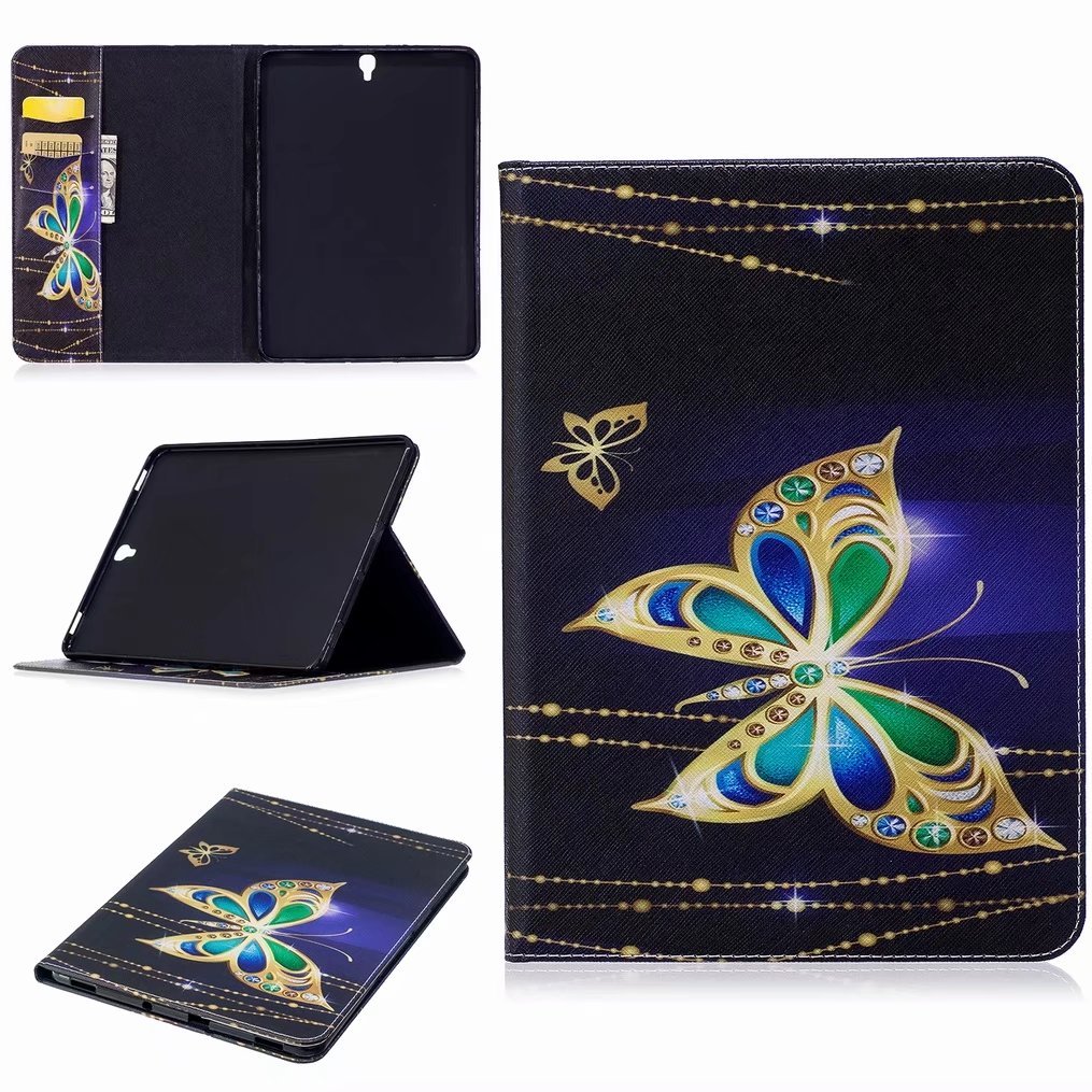LEMORRY Samsung Galaxy Tab S3 9.7 / T820 T825 Case Leather Flip Cover Wallet Pouch Soft TPU Slim Fit Bumper Stand Protective Magnetic Strap with Card Slot, Jewelry Butterfly