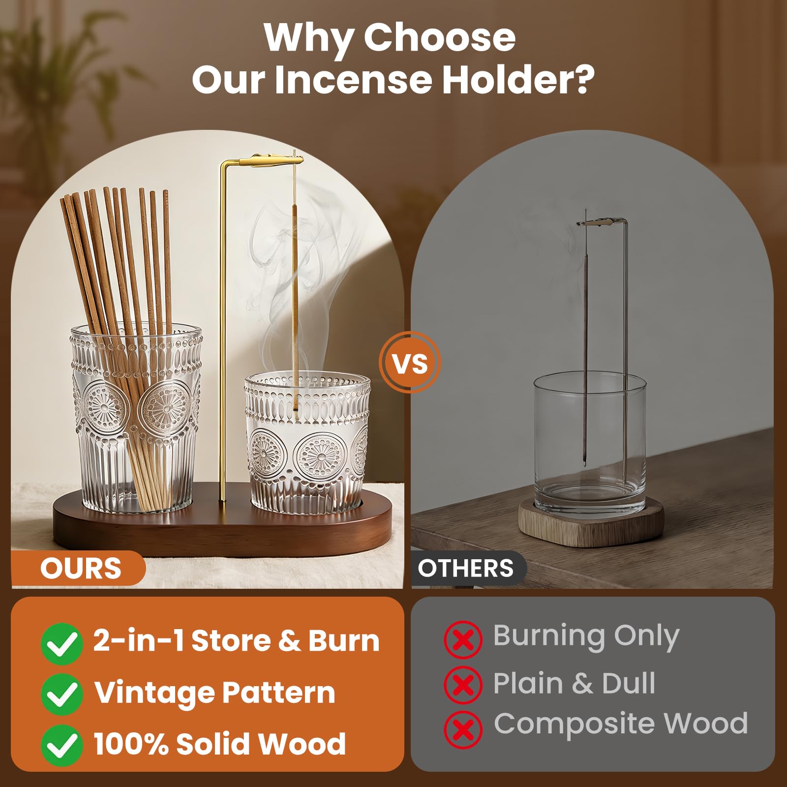2 in 1 Incense Holder for Sticks, Vintage Glass Upside Down Incense Burner with Removable Ash Catcher & Solid Wood Base, Anti-Ash Flying Catcher for Meditation, Yoga, Spa & Home Decor- Brown - 3