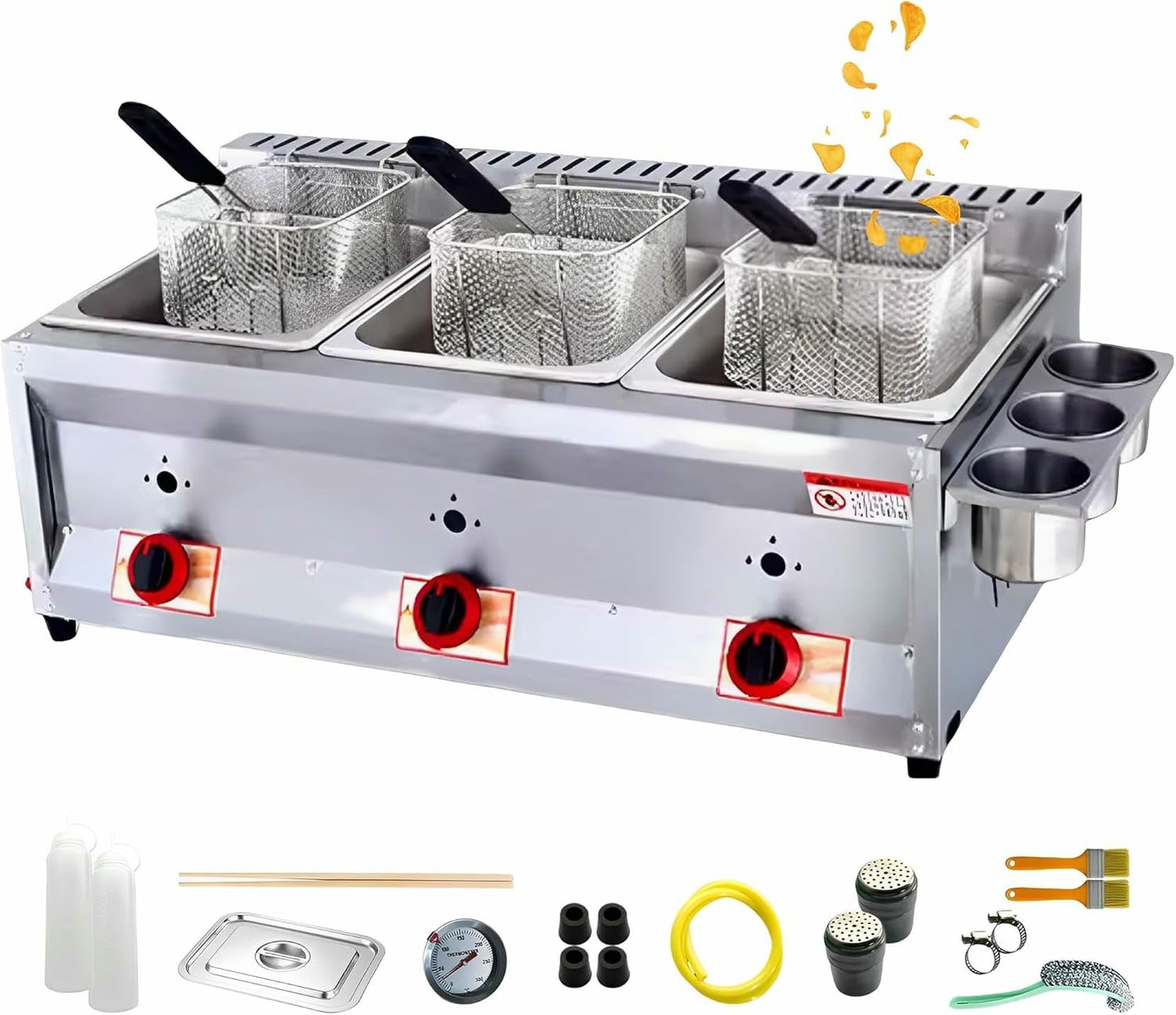 Friteuse à gaz GPL double bac en acier inoxydable avec paniers pour frites