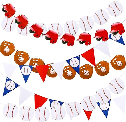 Tatuo 6 banderines de béisbol, banderines de papel, guante de béisbol y gorra de béisbol para decoraciones de fiestas temáticas deportivas,