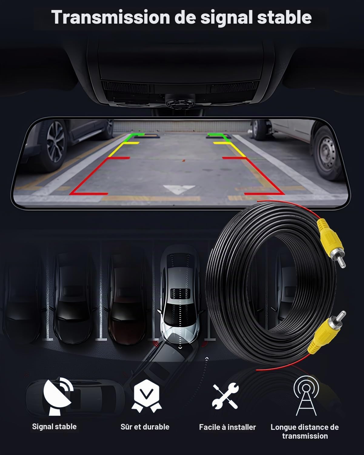 6M Cable Camera de Recul Double Blindage Amélioré pour Connecter Un Moniteur et Caméra de Recul, Vidéo Cable Rallonge Male Male avec 1 Adaptateur RCA Femelle Femelle et 1M d'alimentation DC Extension