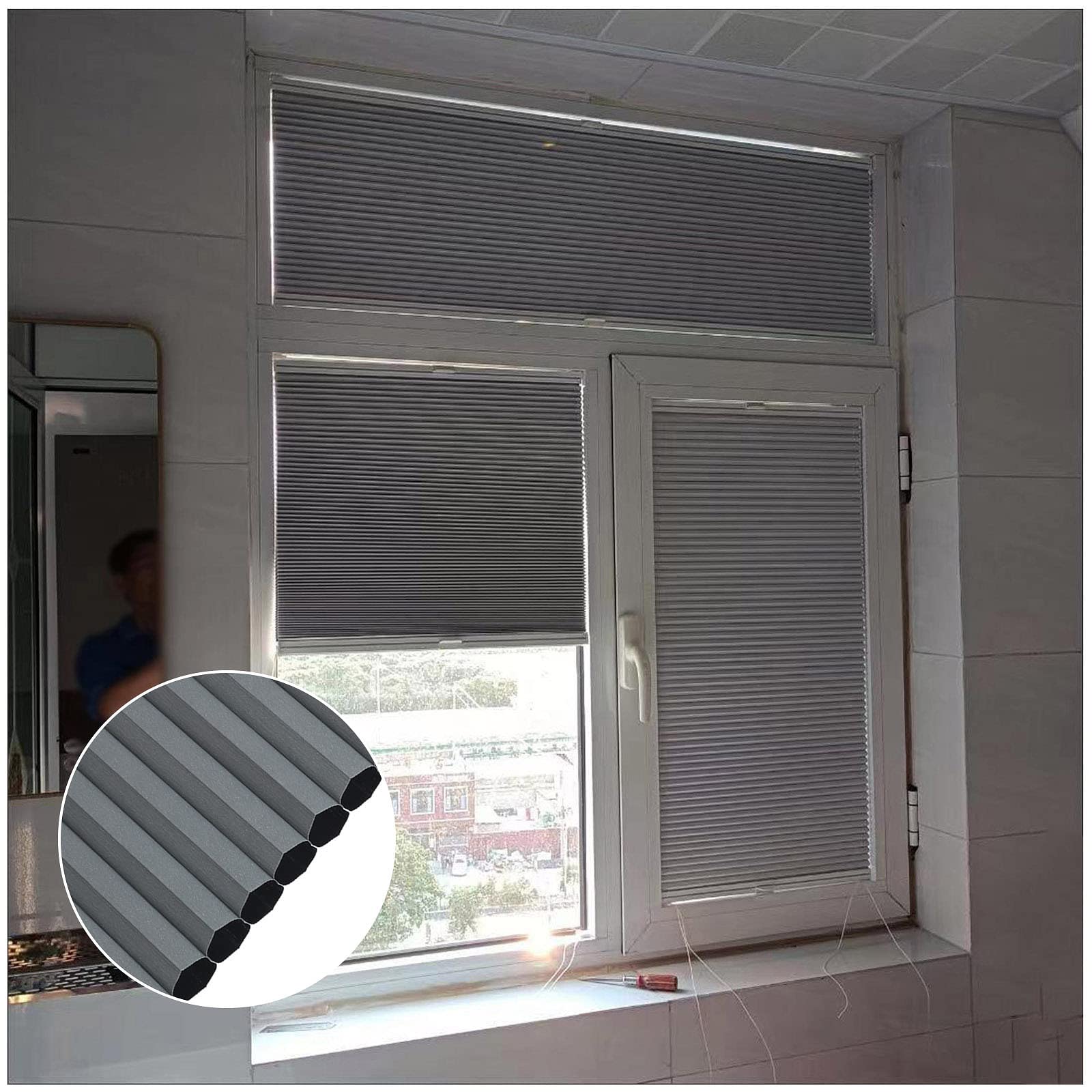 DLLY Rolety o strukturze plastra miodu do okien, bezprzewodowe, zaciemniające, rolety komórkowe, plisowane rolety bez wiercenia, chowane rolety o strukturze plastra miodu, szare, 60 x 200 cm