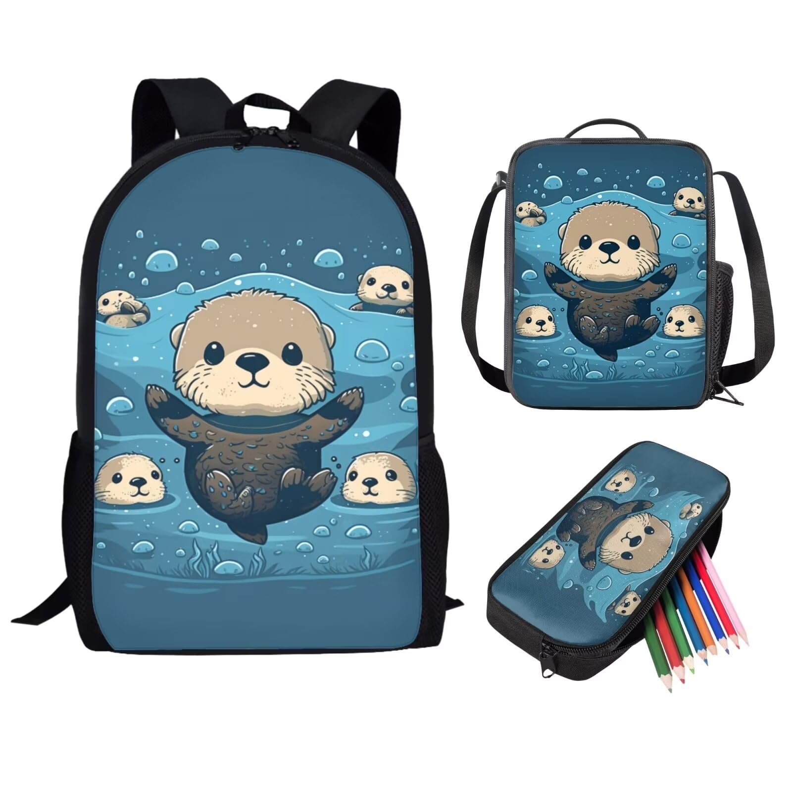 Showudesigns Sea Otter Backpack for Girls 6-8/8-10/10-12 Boys School Bags with Lunch Box and Pencil Case Middle Elementary School Bookbag Kids