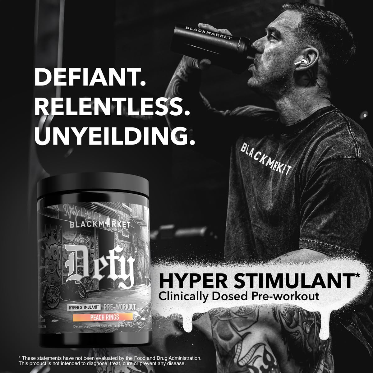 BLACKMARKET DEFY – High-Stimulant Pre-Workout Powder | 450mg Caffeine, Eria Jarensis, Dendrobium, L-Citrulline | Peach Rings Flavor | Intense Energy, Pump & Focus | 40/20 Servings