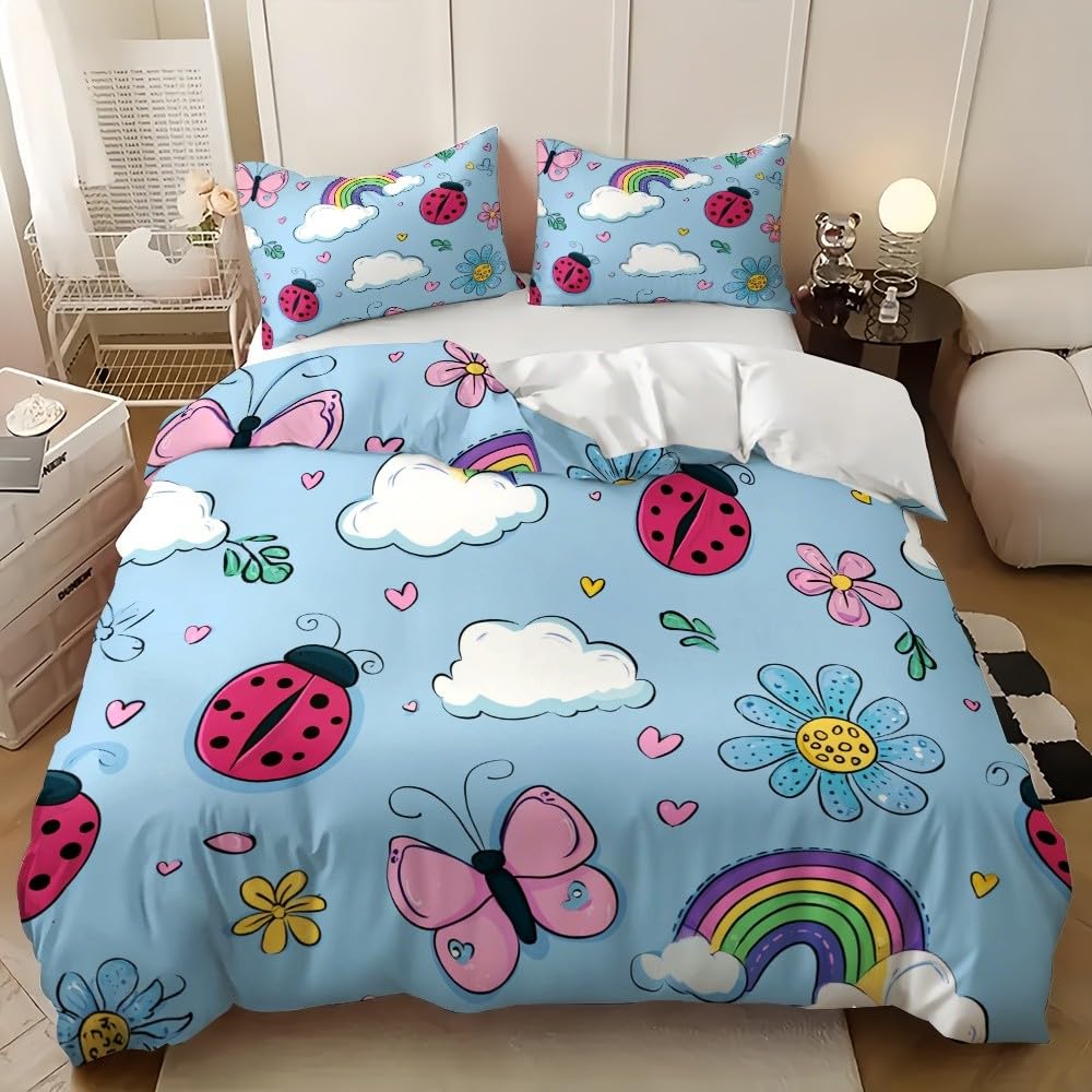 Parure de lit 1 personne 90x190 cm bleu ciel avec housse de couette motifs animés