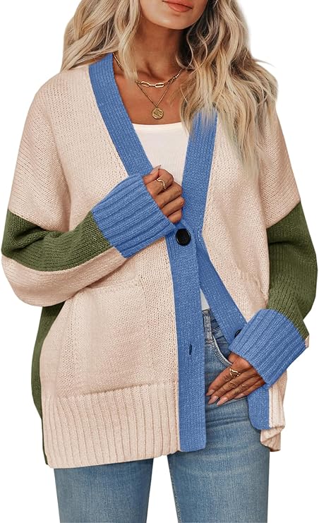 Saodimallsu Womens V Neck Cardigan Sweaters Color Block Button Oversized Long Sleeve Open Front Knit Sweater Coats