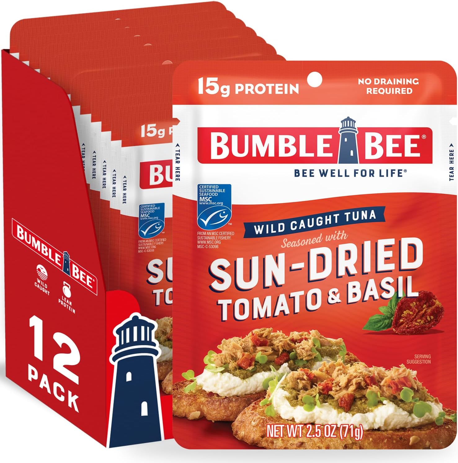 Sun-Dried Tomato & Basil Seasoned Tuna, 2.5 Ounce Pouch 12 Count by Bumble Bee