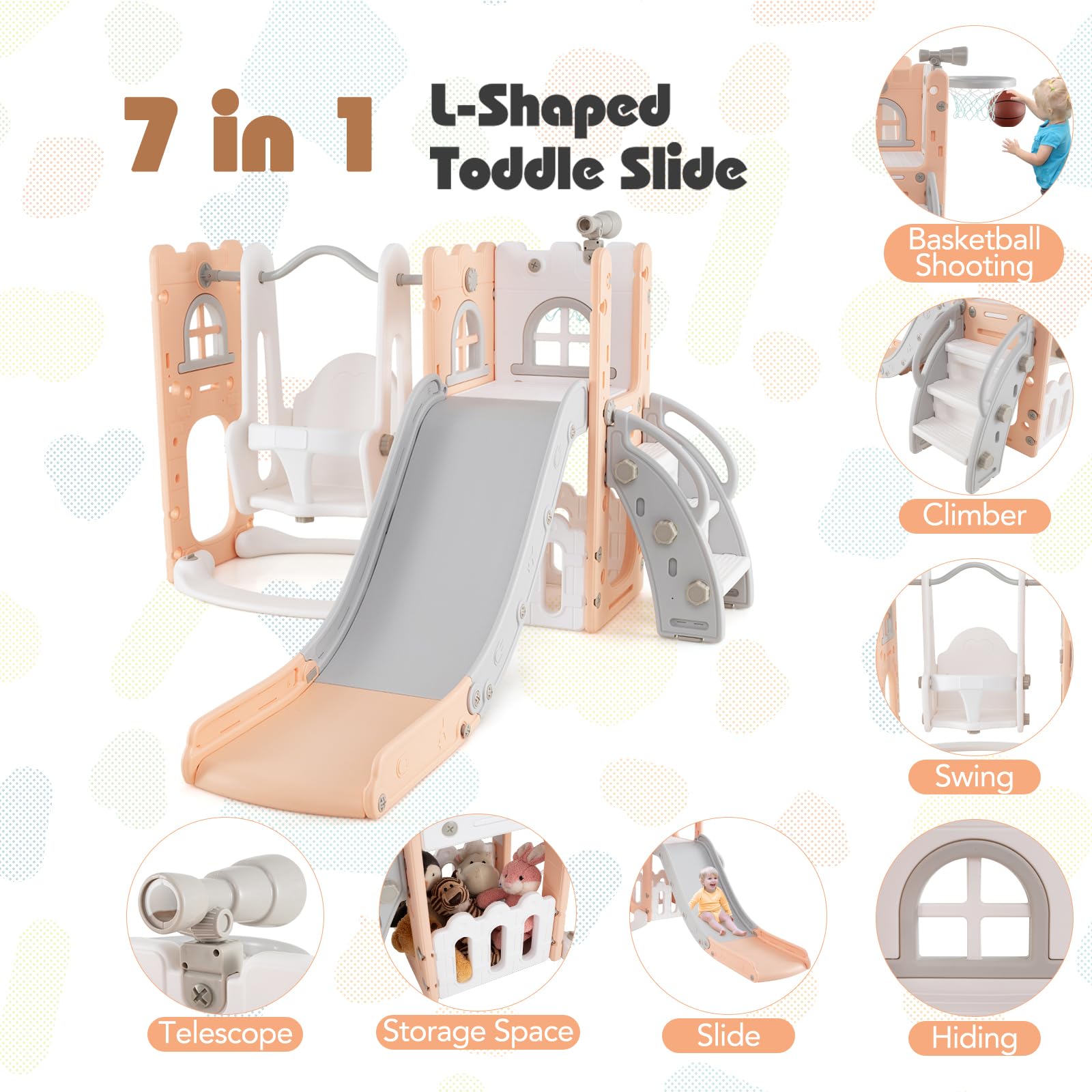 HOMASIS 7 in 1 Scivolo per Bambini da 1 a 3 Anni, Altalena Interna per Bambini con Scala, Telescopio, Canestro da Basket e Spazio di Stoccaggio, Area Giochi, Abilità Motorie (Rosa)