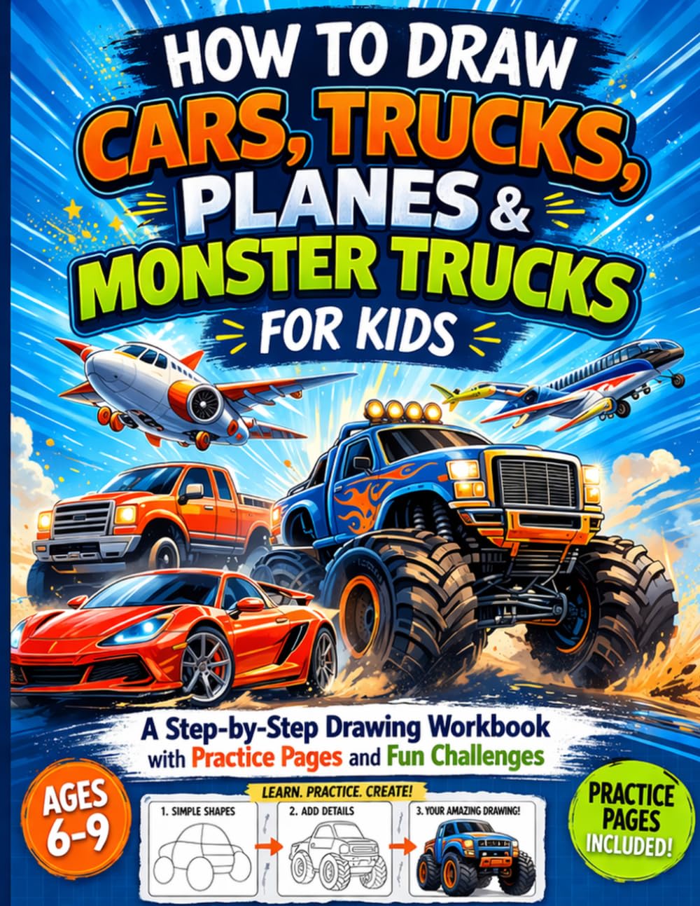 How to Draw Cars, Trucks, Planes & Monster Trucks for Kids: A Step-by-Step Drawing Workbook with Practice Pages and Fun Challenges for Ages 6–9 (How to Draw for Kids Ages 6–9)