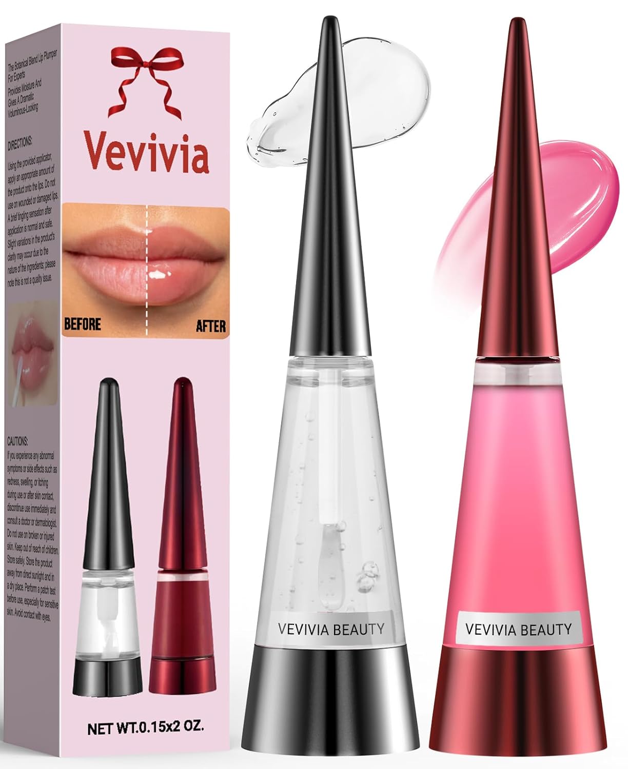 Vevivia 2pcs Lip Gloss Oil Set,Volumize Lip Gloss,Smooth Lip Wrinkles,Fragrance-free, Moisturizing, Hyaluronic Acid for Fuller Lips,Stocking Stuffers,0.15 oz (clear+red)