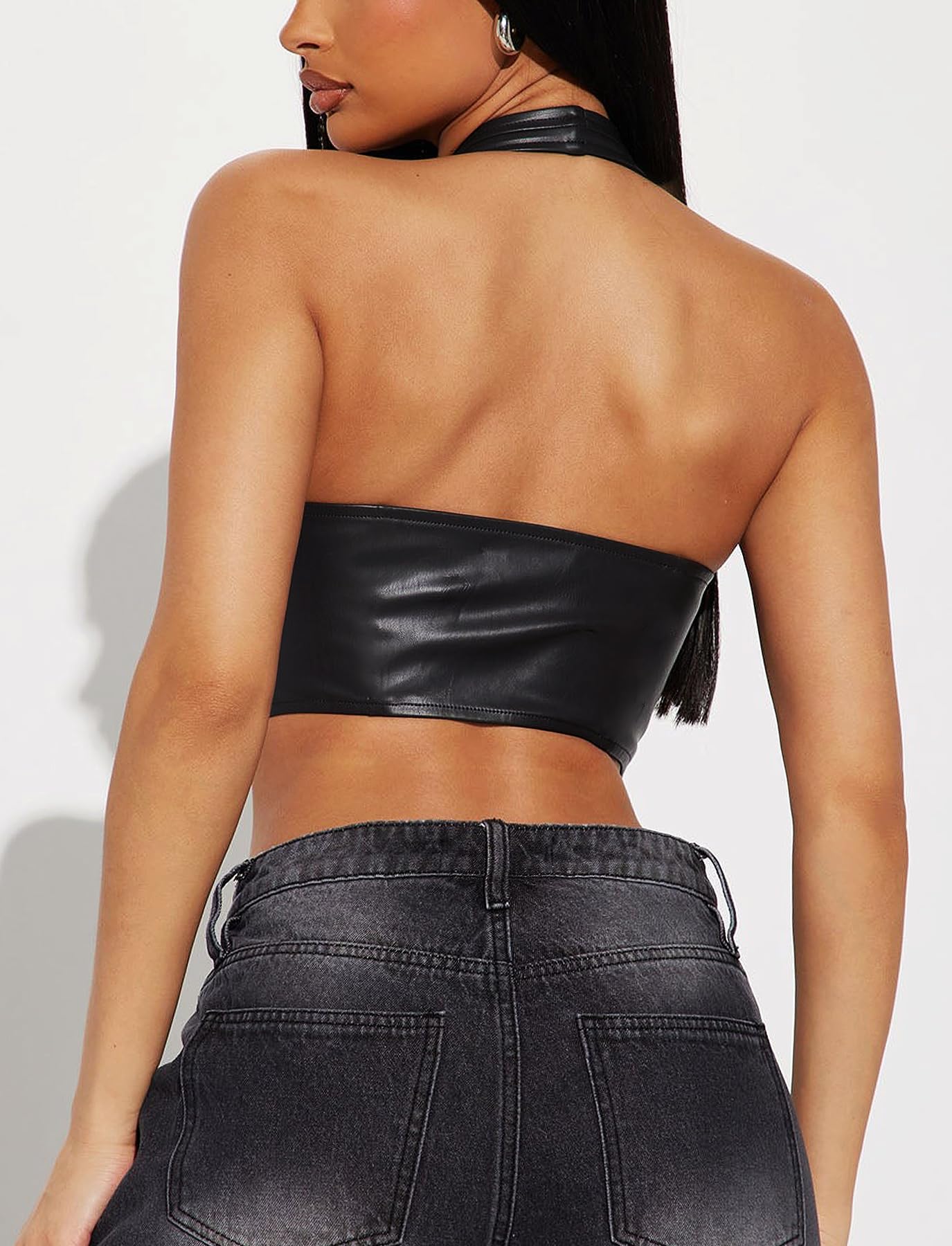TZLDN Corset sexy en cuir pour femme - Dos nu - Col en V profond - Pour festival, rave, techno