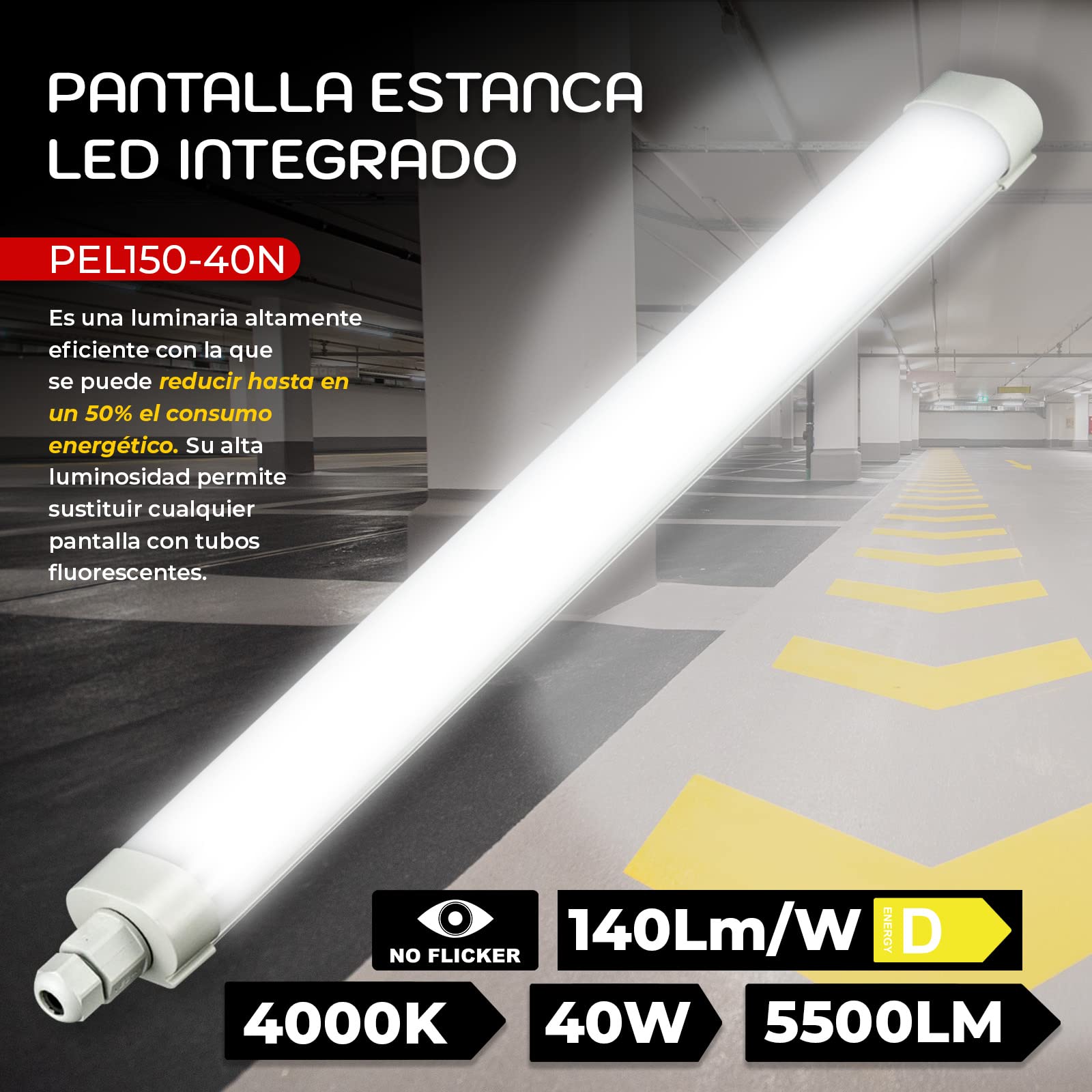 Popp® Pantalla estanca LED Integrado 40W 150CM 4000K 140lm/W TUBELINE-LARGA HORAS ENCENDIDO No flicker IP65 blanco PC parking trastero interior exterior 3 años garantía (40W 150CM, 4000K)