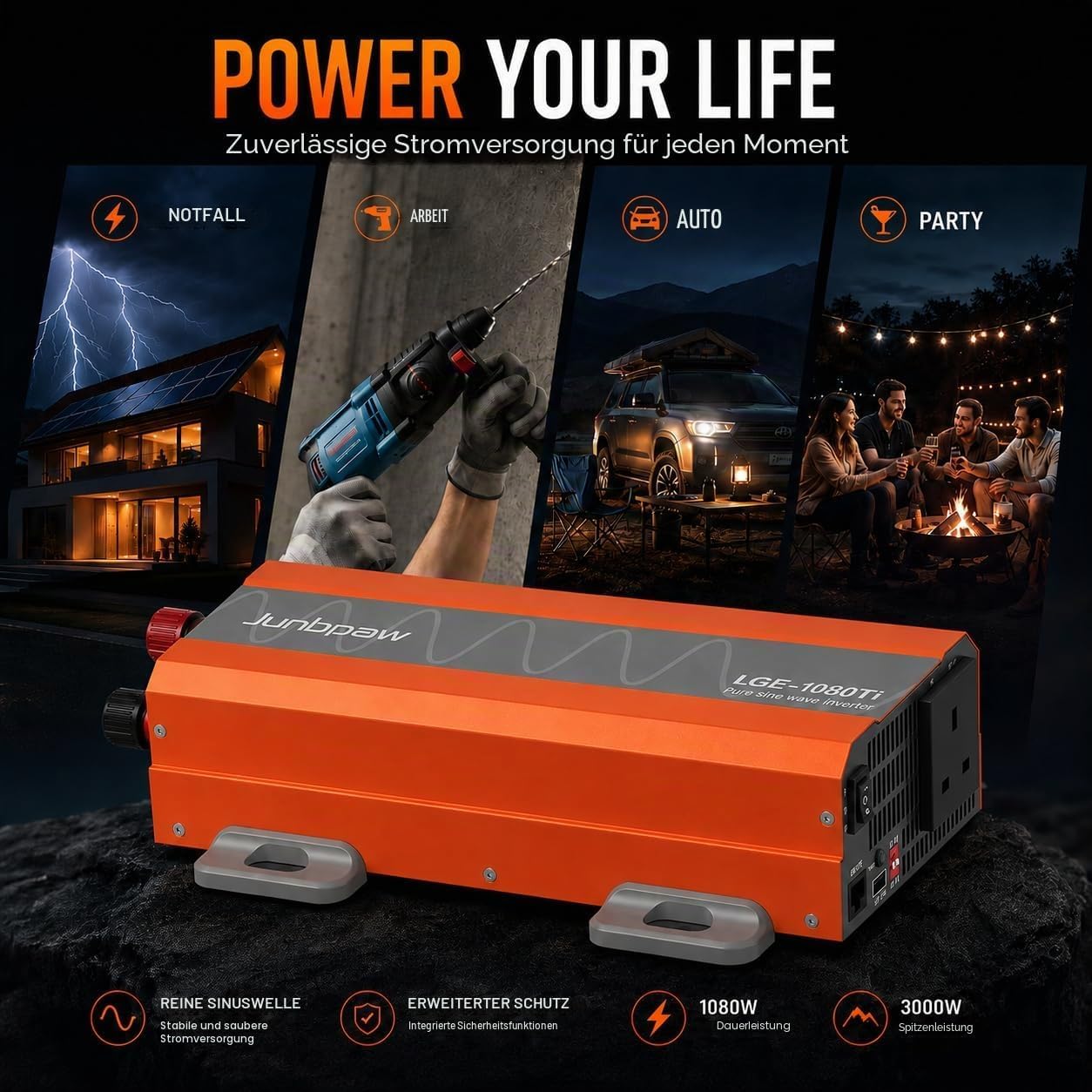 1080W Reiner Sinus Wechselrichter 12V auf 230V AC | Leiser Lüfter & Feststoffkondensatoren, 3000W Spitzenleistung, Innovatives Design für Zuhause, Wohnmobil, Camping, Off-Grid & Outdoor-Abenteuer