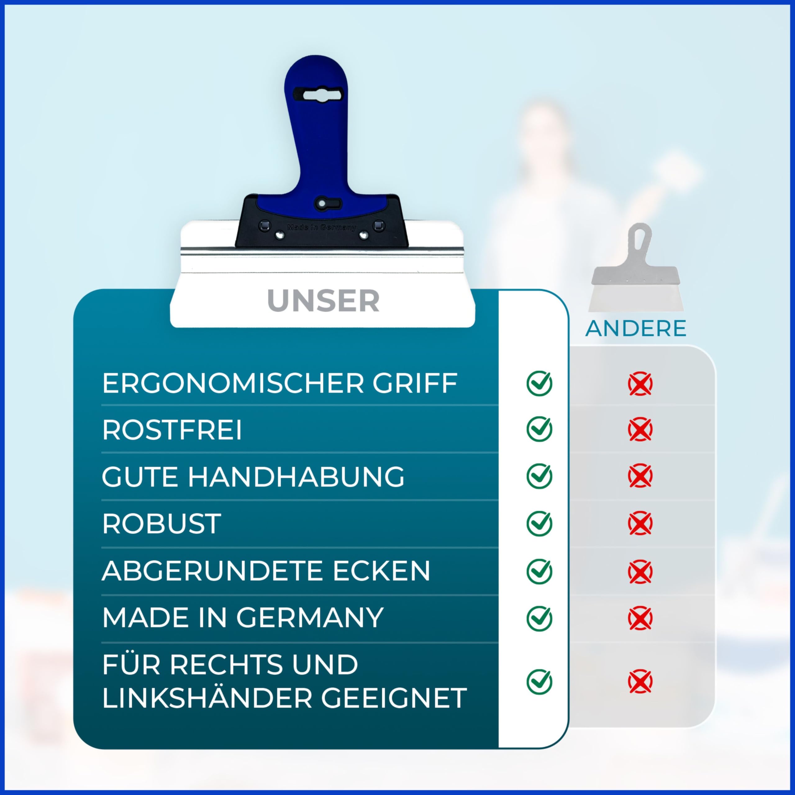 Made in Germany, set spatole alta qualità, 400 mm e 250 mm, per stuccare, intonacare e rimuovere carta da parati, piastra 2K, impugnatura morbida. (SET)