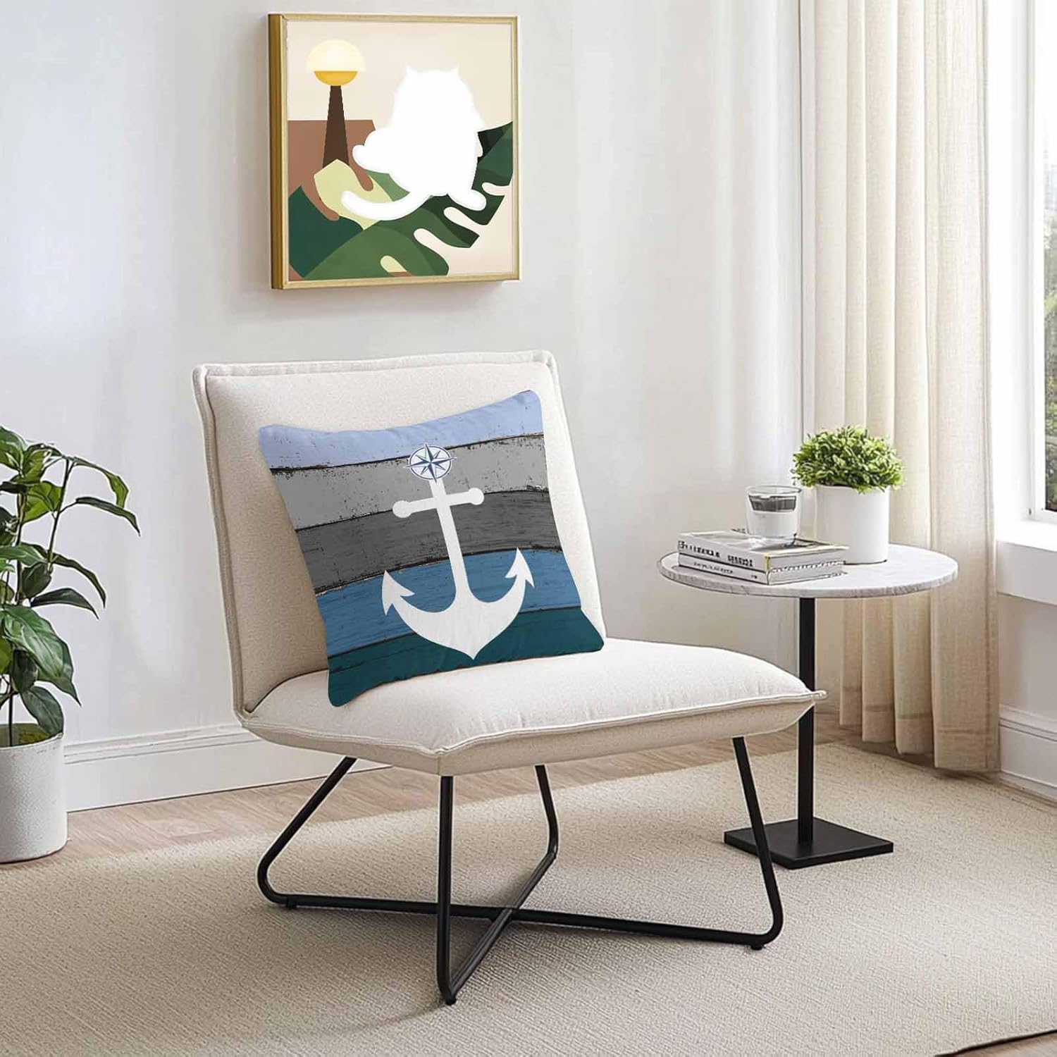 Chucoco Waterproof Pillow Covers for Couch Throw Pillow Cases Set of 2,Nautical White Anchor Decorative Cushion Pillow Covers 18x18In,Indoor Outdoor Decoration Vintage Blue Grey Farm Wood Plank