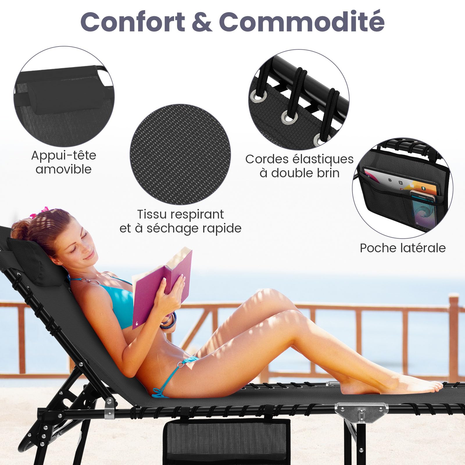 GYMAX Transat Extérieur pour Jardin, Chaise Longue Pliante avec Dossier et Repose-Pieds Réglables, Oreiller Amovible, Poche, pour Bain de Soleil, pour Piscine, Plage, Camping (Noir)