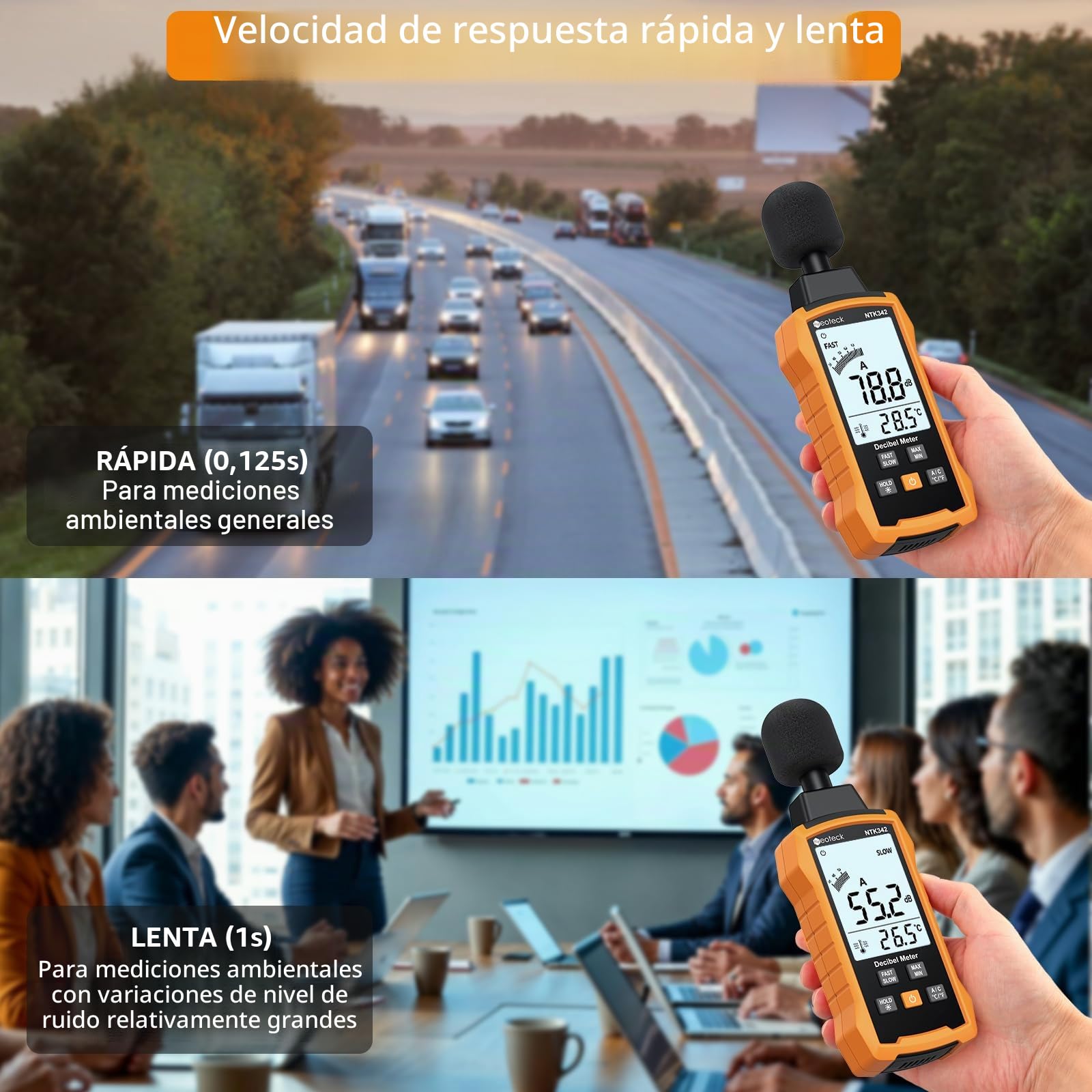 Neoteck Medidor Decibelios 30-130dB Medidor Portátil db con Ponderación A/C Sonometro con Pantalla Retroiluminada Blanca,MÁX/MÍN,Retención de Datos Sonometro para Hogar Oficina Fábrica
