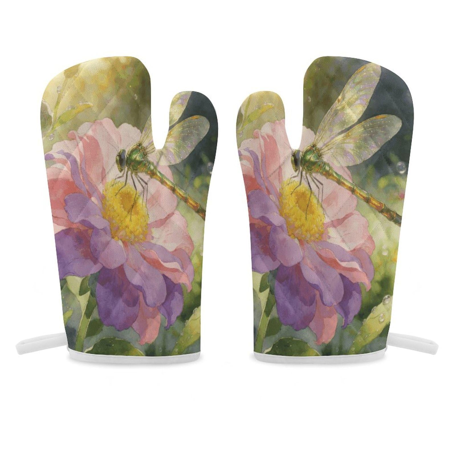 Elegant Dragonfly Flower Oven Mitt Heat Resistant Potholder Set,Durable Oven Gloves for Gifts,Glove Pot Holder for Cooking Baking Grilling BBQ