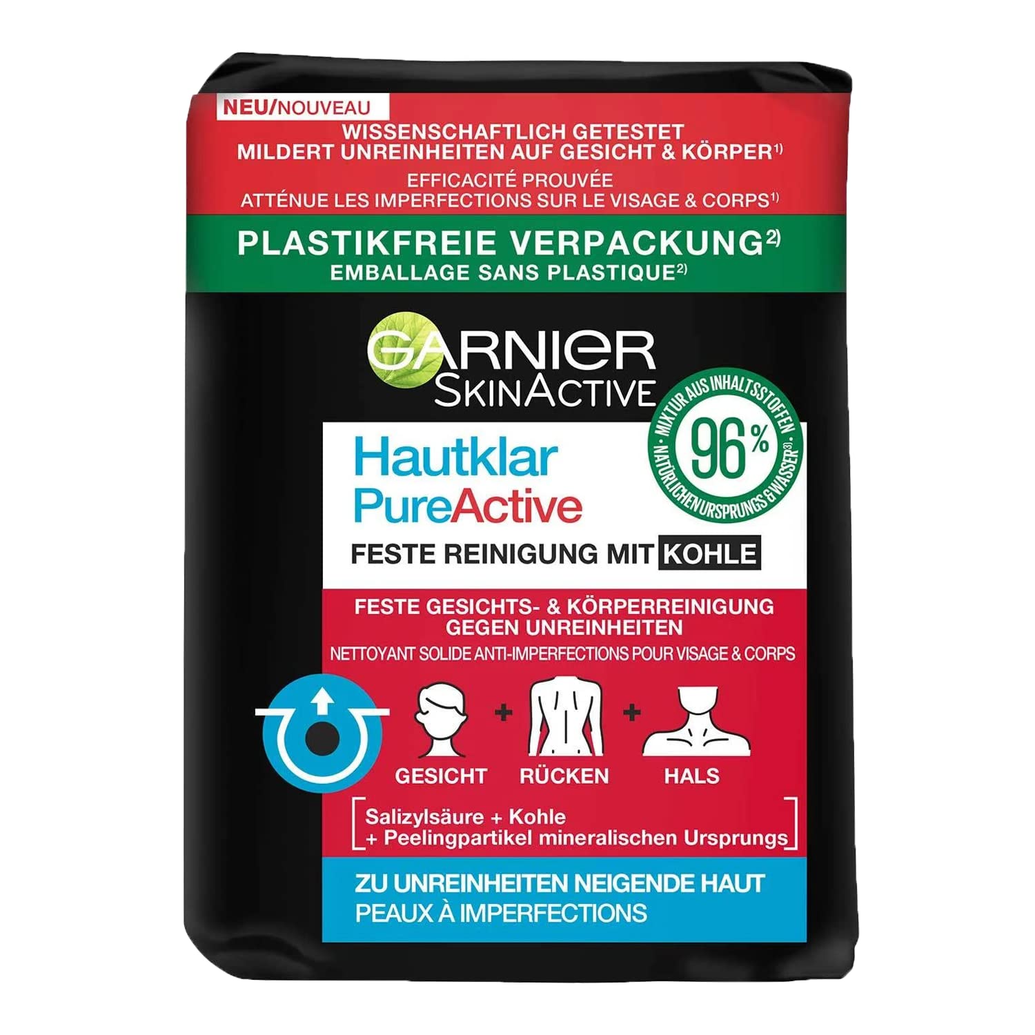 Garnier PureActive Lot de 3 nettoyants solides pour le visage avec du charbon de bois 100 g chacun, 1 paquet