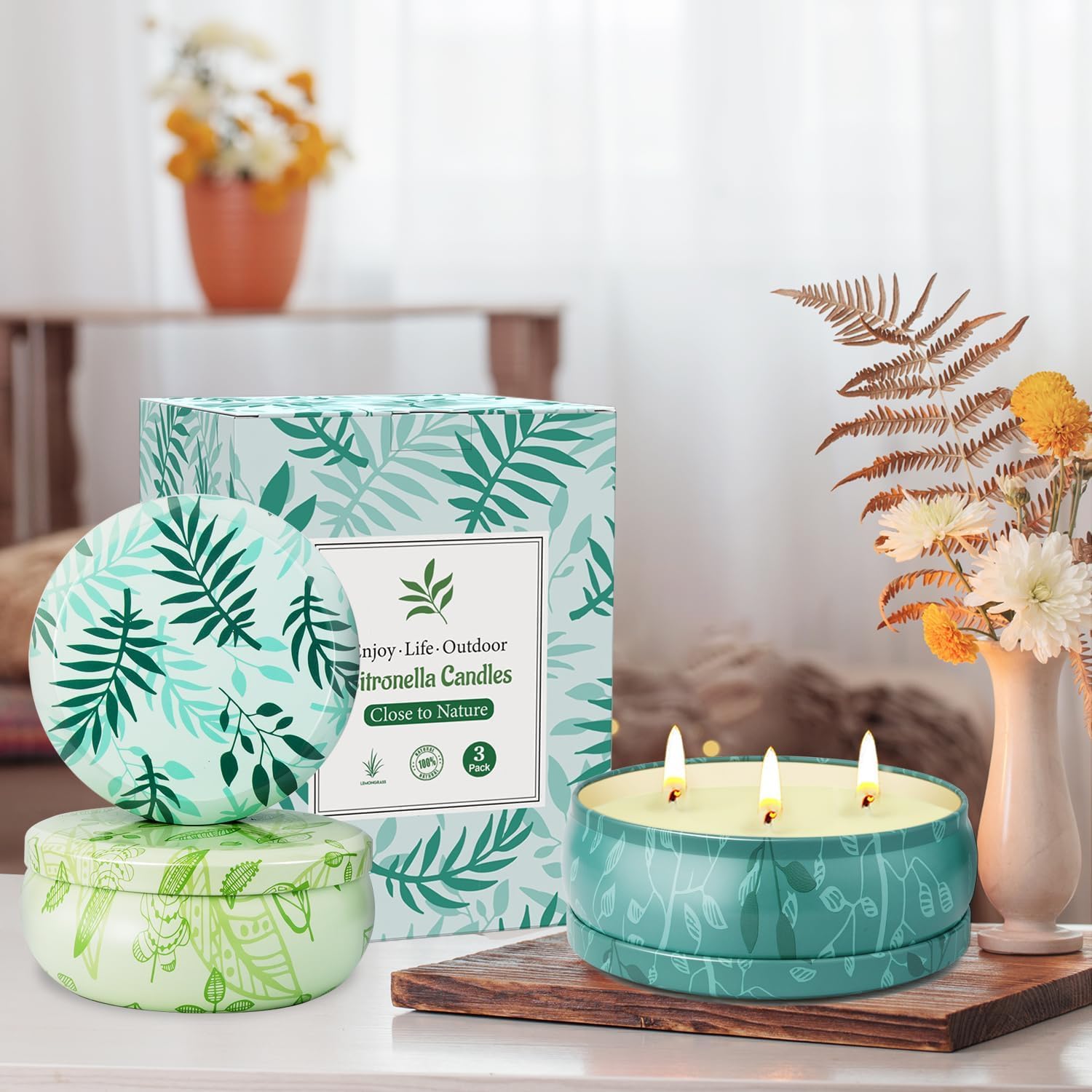 Bougie d'extérieur Citronnelle 36 oz 3 Mèches, Cire de Soja Naturelle, Jardin, Camping, Terrasse