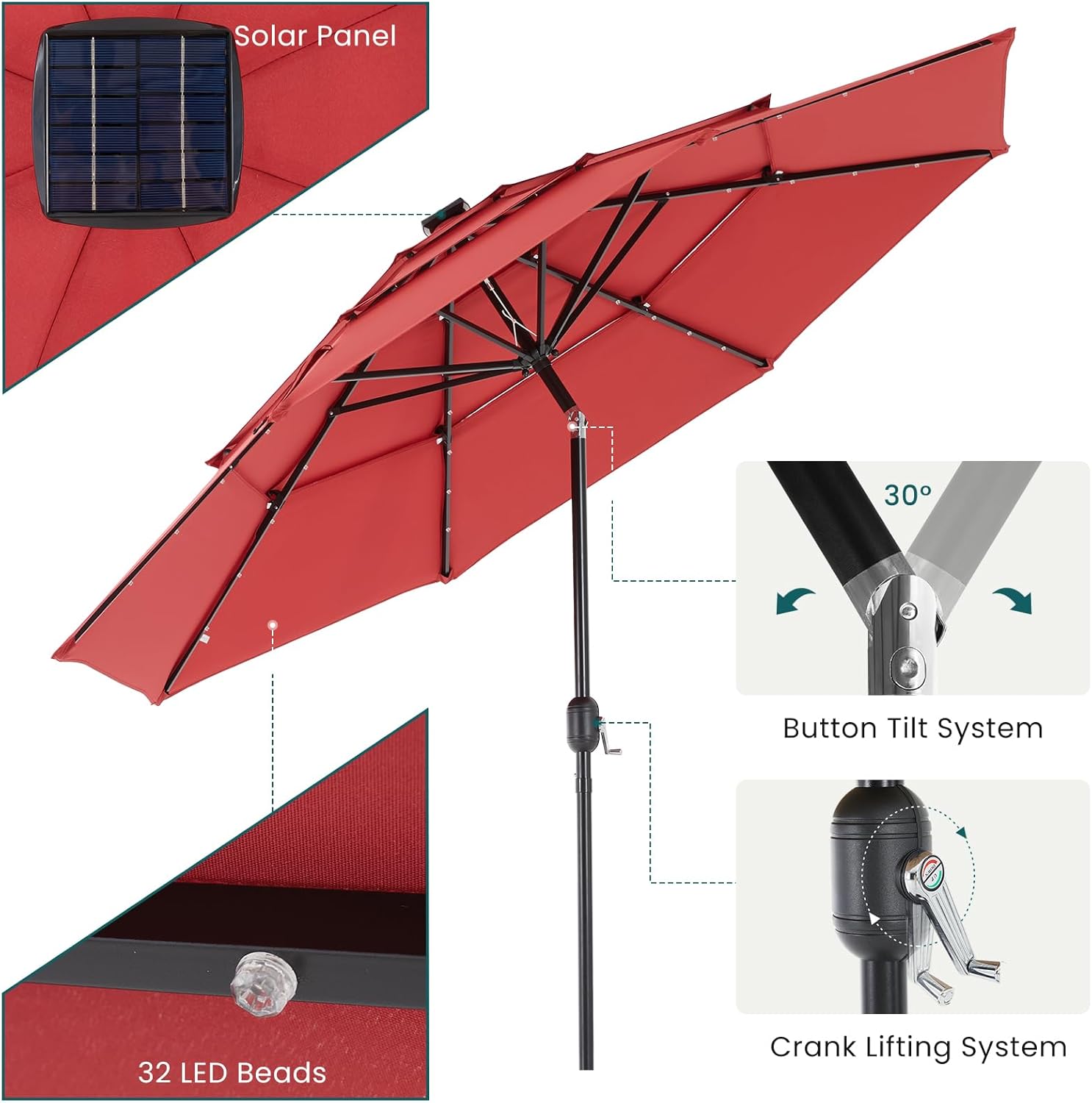 DUMOS 10FT 3 Tier Patio Umbrella with 32 LED Lights, Outdoor Patio Umbrella with Crank, Table Umbrellas 8 Sturdy Ribs for Pool, Market, Terrace, Beach, Outdoor Restaurant, Red